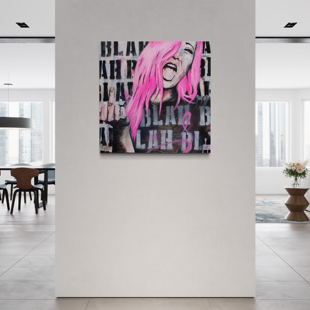 pop art, urban art, Wall Art Australia, Print fo woman with hot pink hair flipping the bird