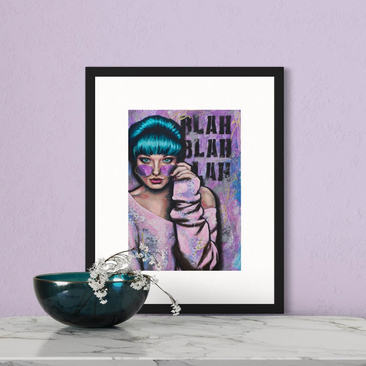 urban art wall art australia, Canvas art prints, woman looking down over her sunglasses blah blah blah