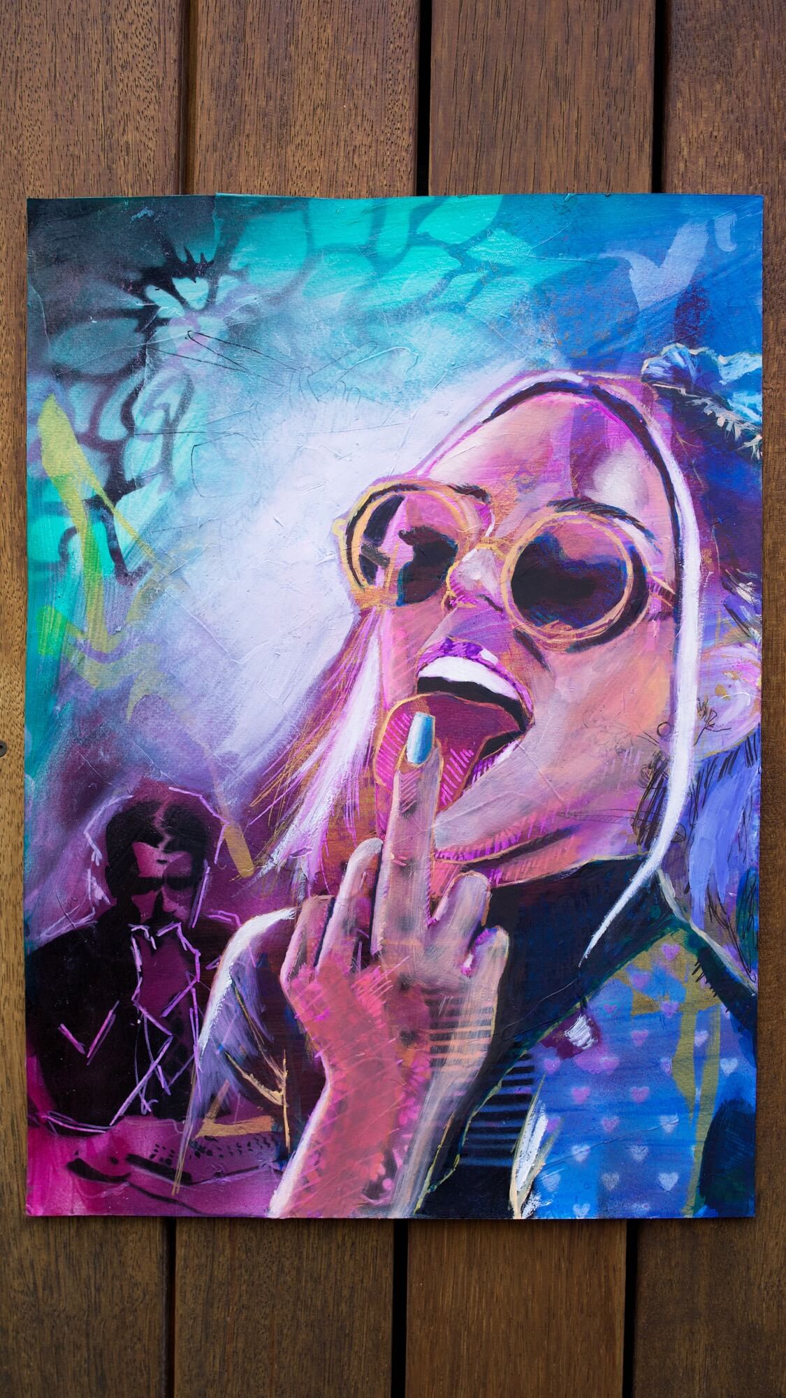 mixed media painting of a woman flipping the bird