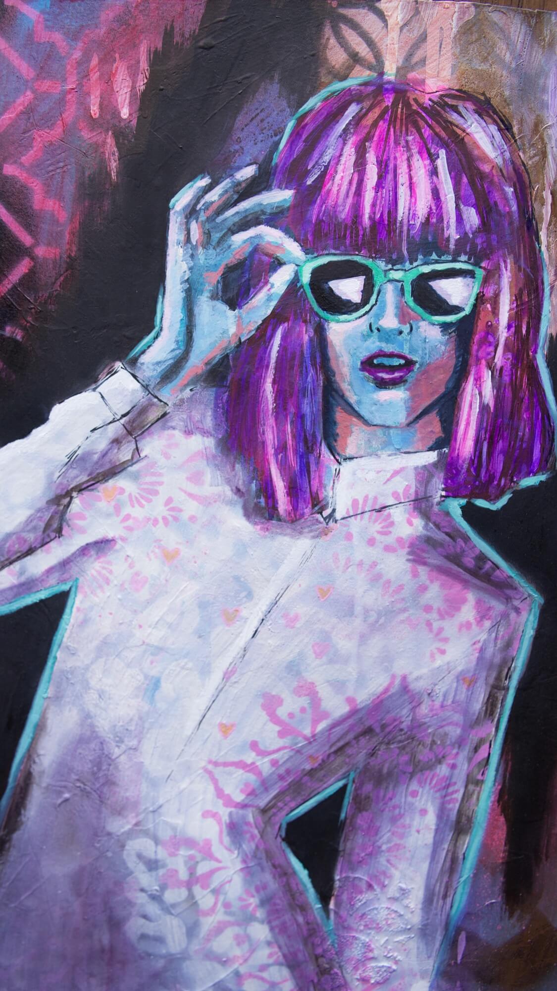 mixed media painting of woman wearing sunglasses teal, purple, pink