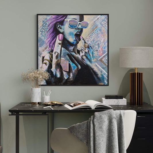 wall art australia, prints wall art blue woman flipping the bird criss chaney come hither