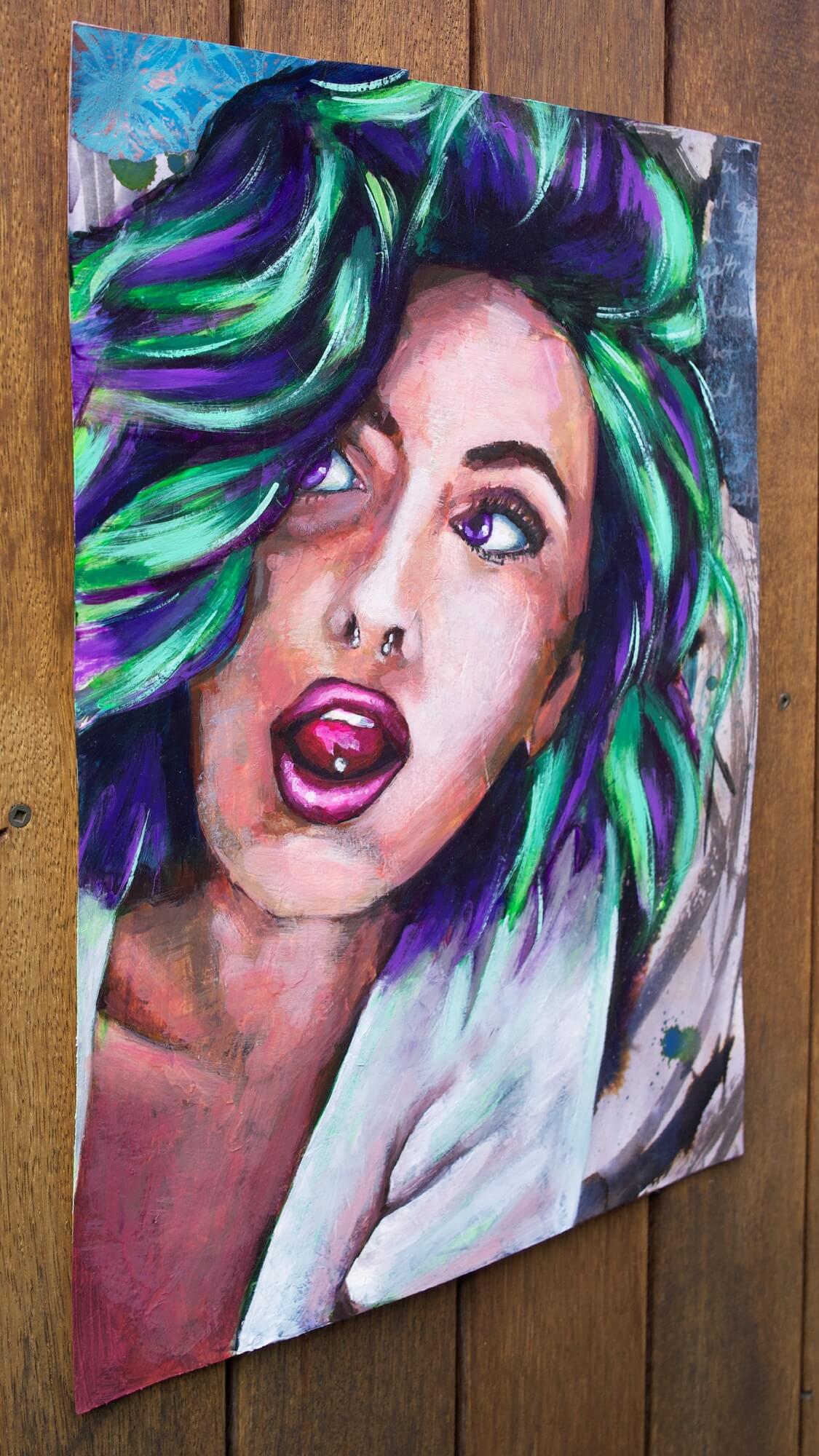 mixed media painting of a woman with scene hair purple and green