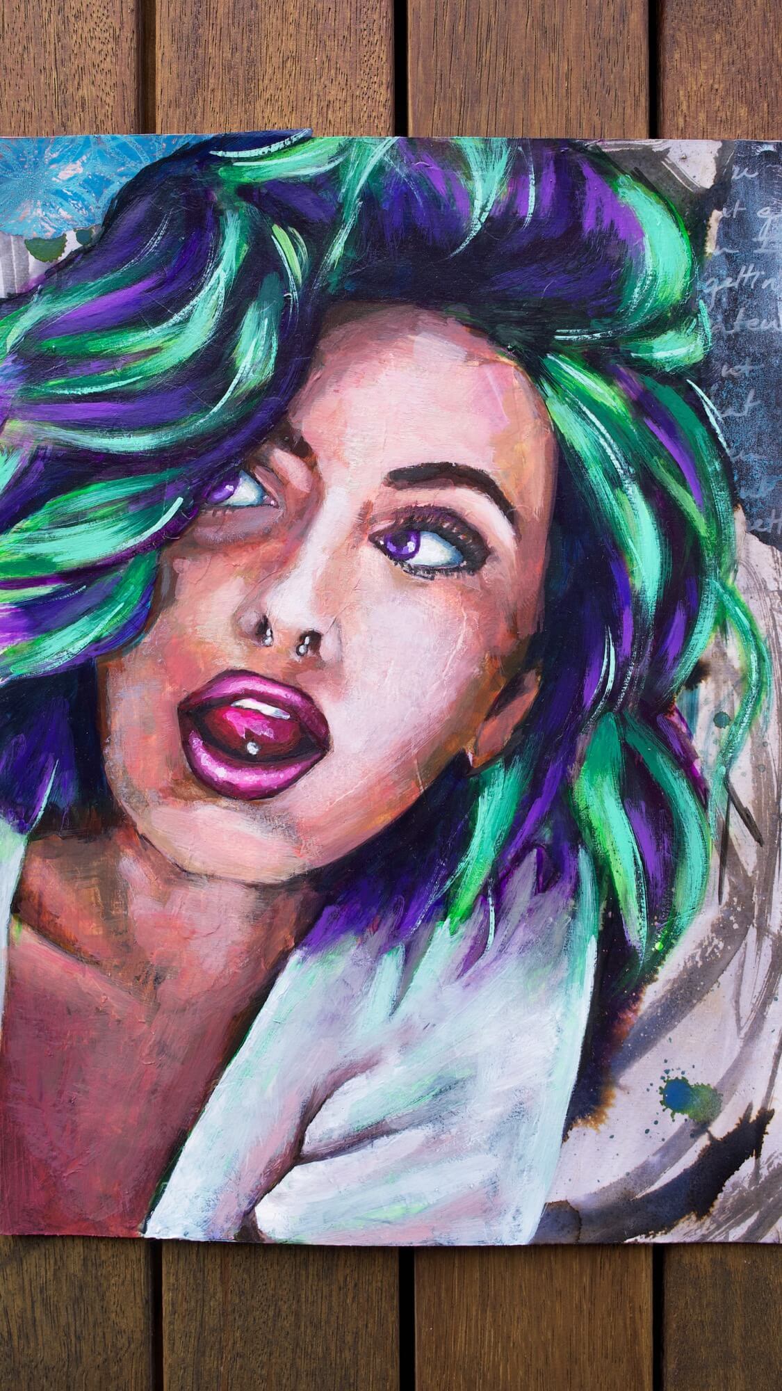 mixed media painting of a woman with scene hair purple and green