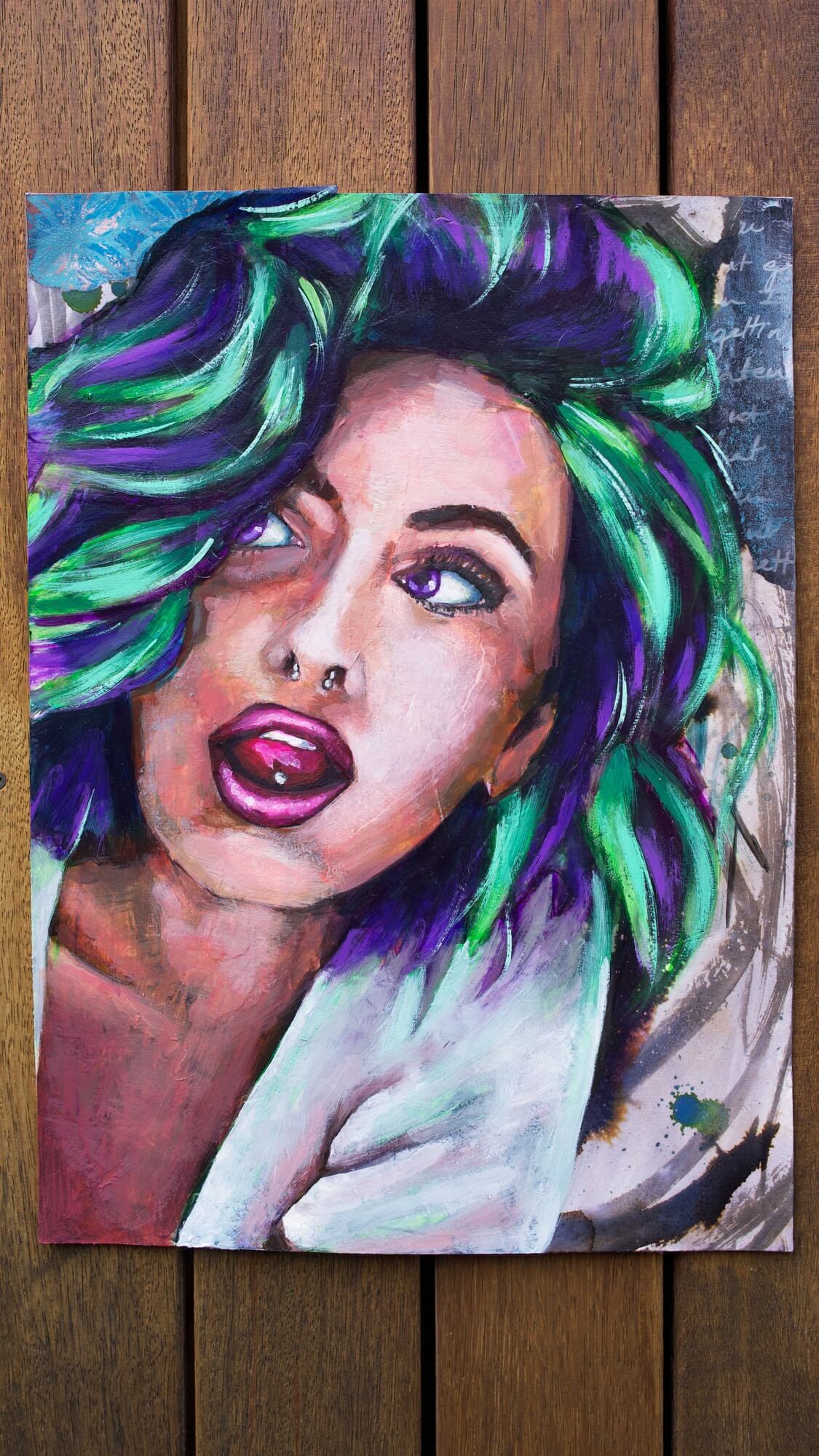 mixed media painting of a woman with scene hair purple and green