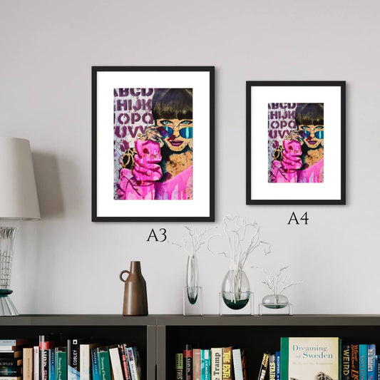 Colourful pop art, pink paintings maximalist decor, woman wearing hot pink sweater and sunglasses wall art print