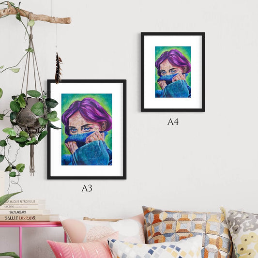 Colourful Pop art, bright paintings maximalist decor, woman wearing blue sweater with purple hair wall art print