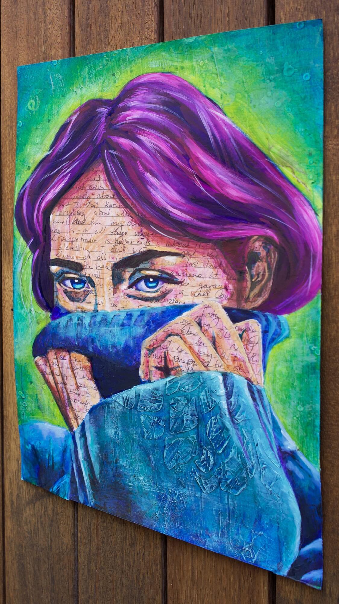 mixed media portrait of a woman with writing on her skin with purple hair