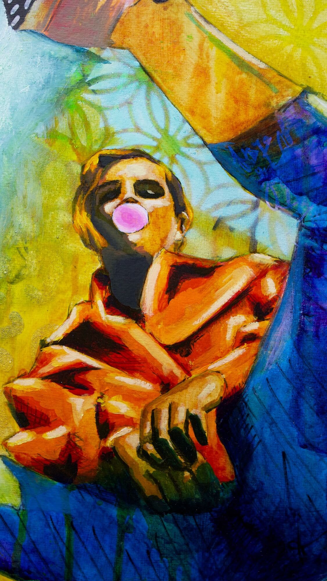 mixed media painting of a woman spinning in air in yellow and blue