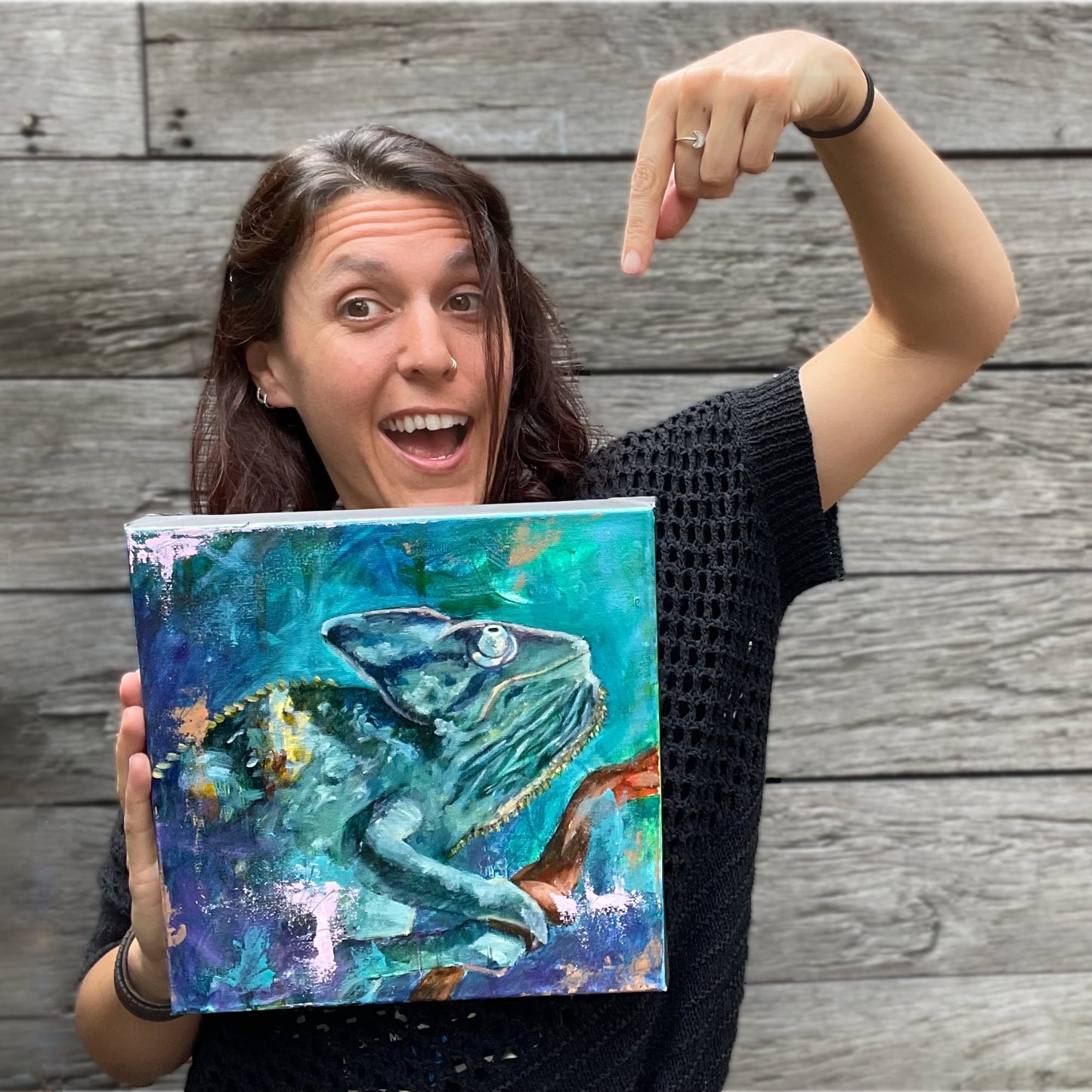 Milan Art Institute Mastery Program Review Criss Chaney colourful oil painting of a blue-green chameleon fat over lean