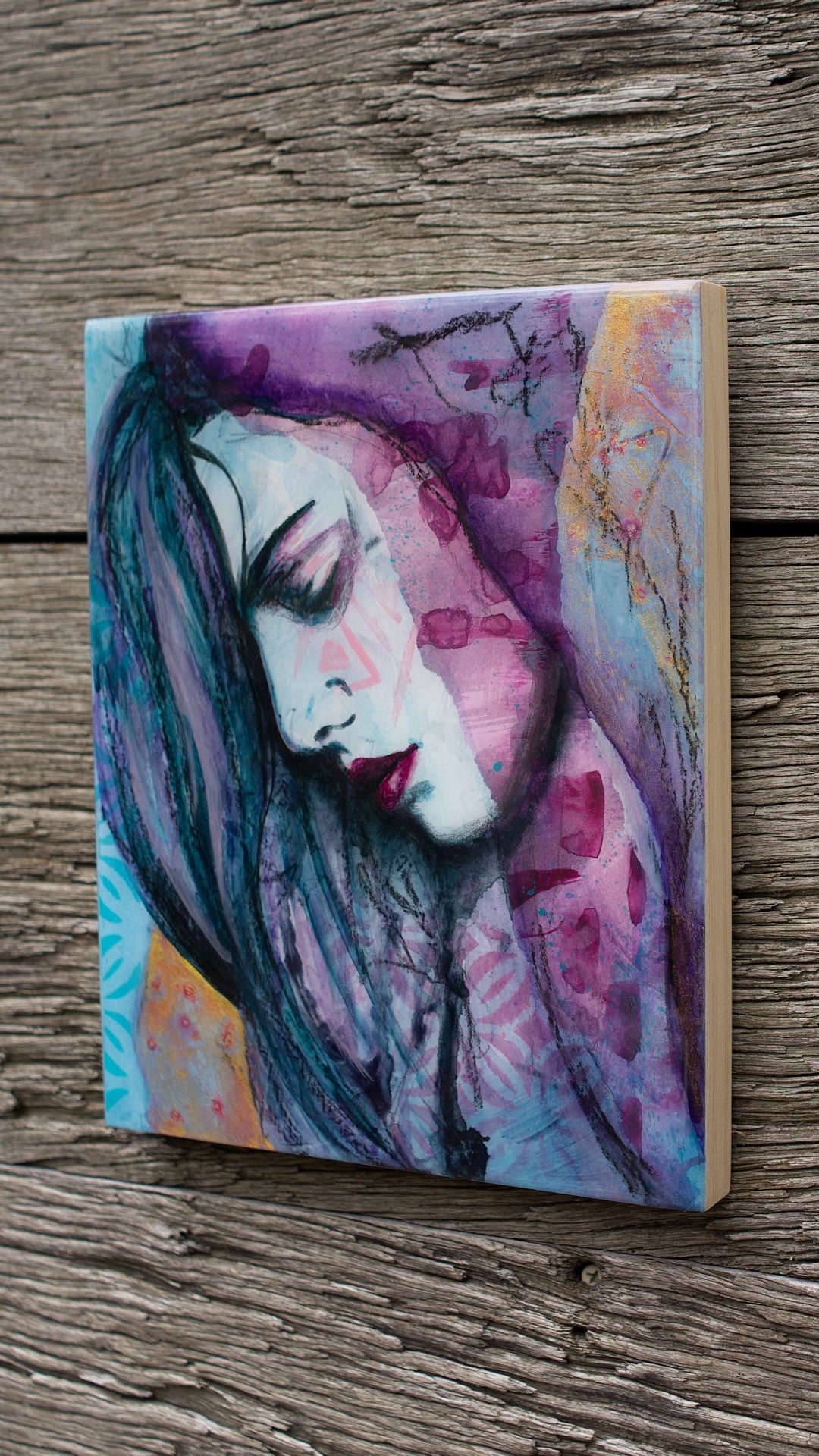 abstract art portait of a Woman on Panel art wall painting Blue, pink, Purple 8" x 10" artists in melbourne