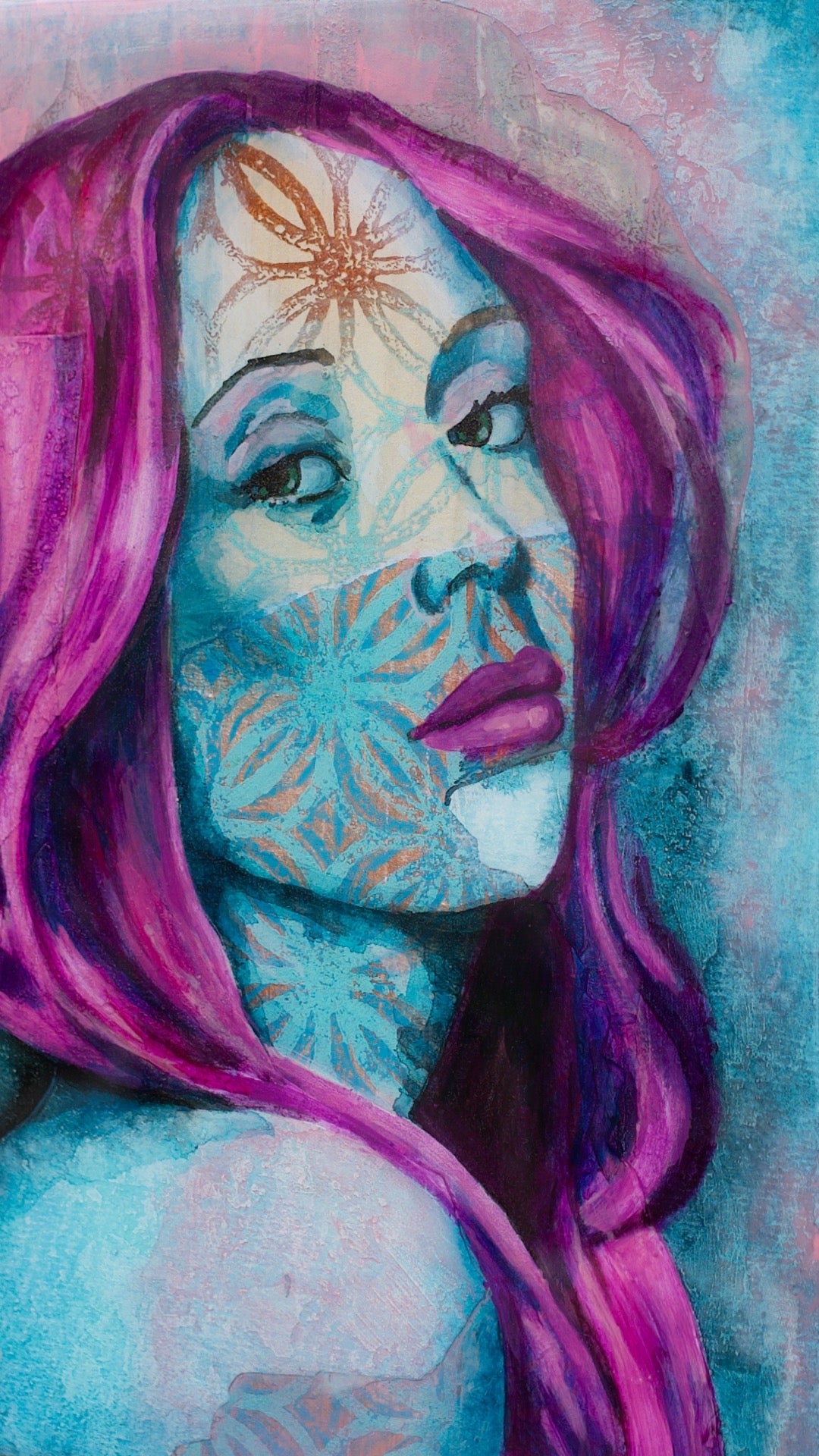 abstract art portait of a Woman on Panel art wall painting Blue, magenta, Purple 8" x 10" artists in melbourne