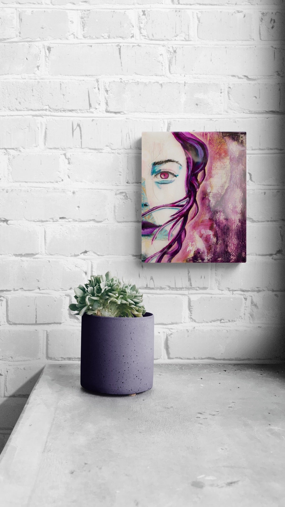 abstract art portait of a Woman on Panel art wall painting Blue, Pink, Purple 8" x 10" artists in melbourne