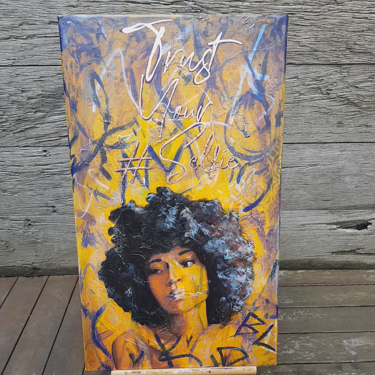 Criss Chaney, yellow Urban Pop Art,  Contemporary Mixed Media Graffiti Style Fusion, Neo-Feminist Street Art