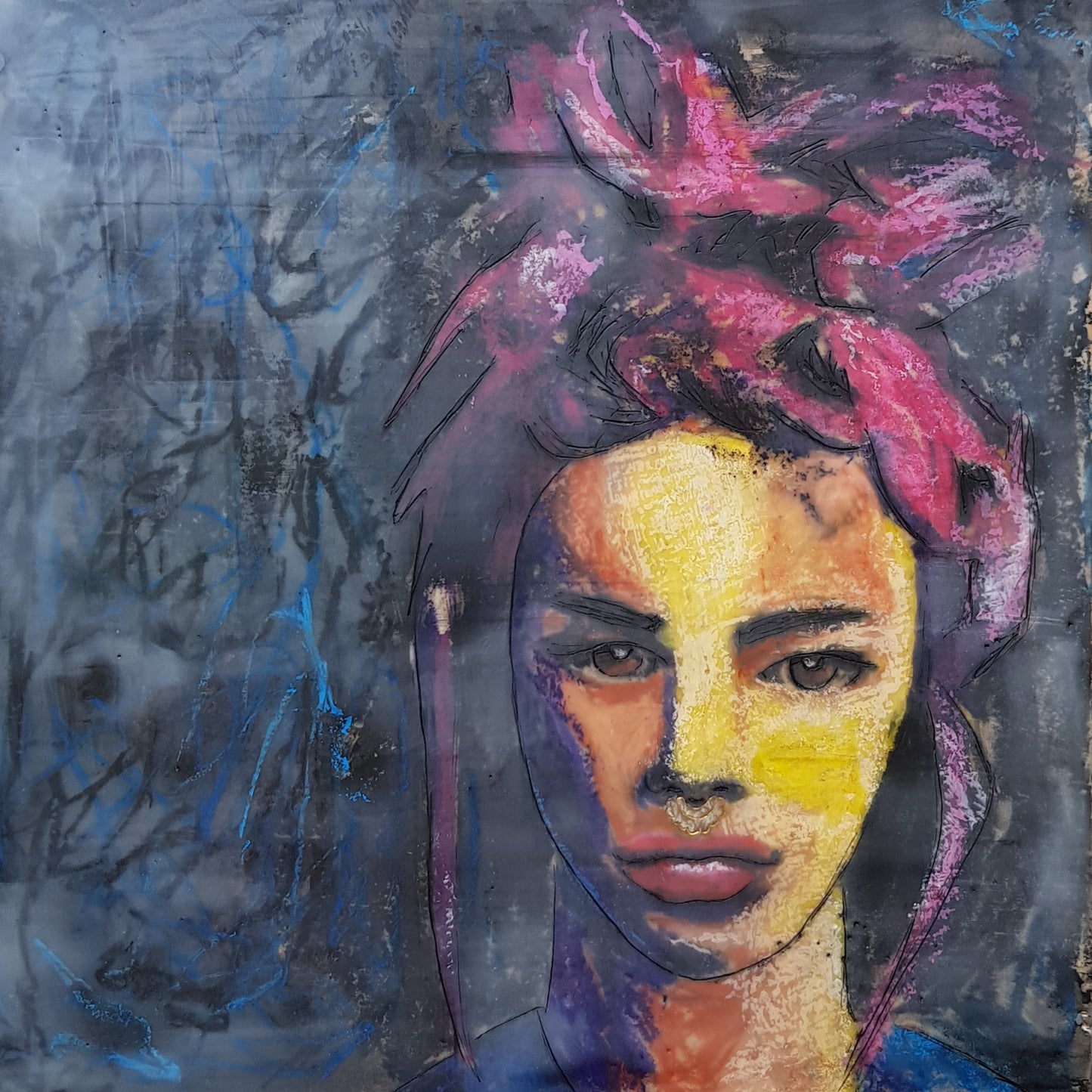 Encaustic portrait of a Womanwith pink hair Encaustic Art, Mixed Media Encaustic painting Small Art for Small Spaces artwork for sale