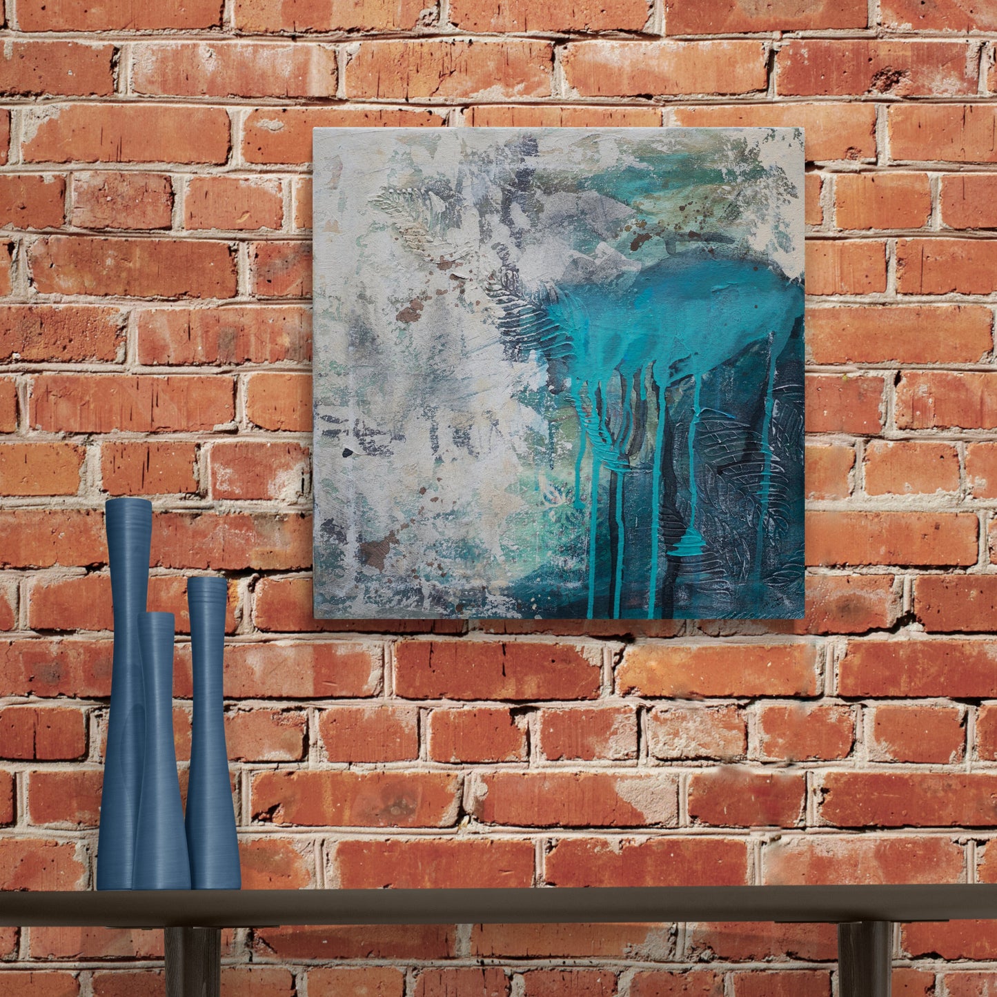 Abstract Painting Abstract Art wall painting tan and blue green with leaves Acrylic Painting, Canvas Wall Art, Blue Autumn art in melbourne