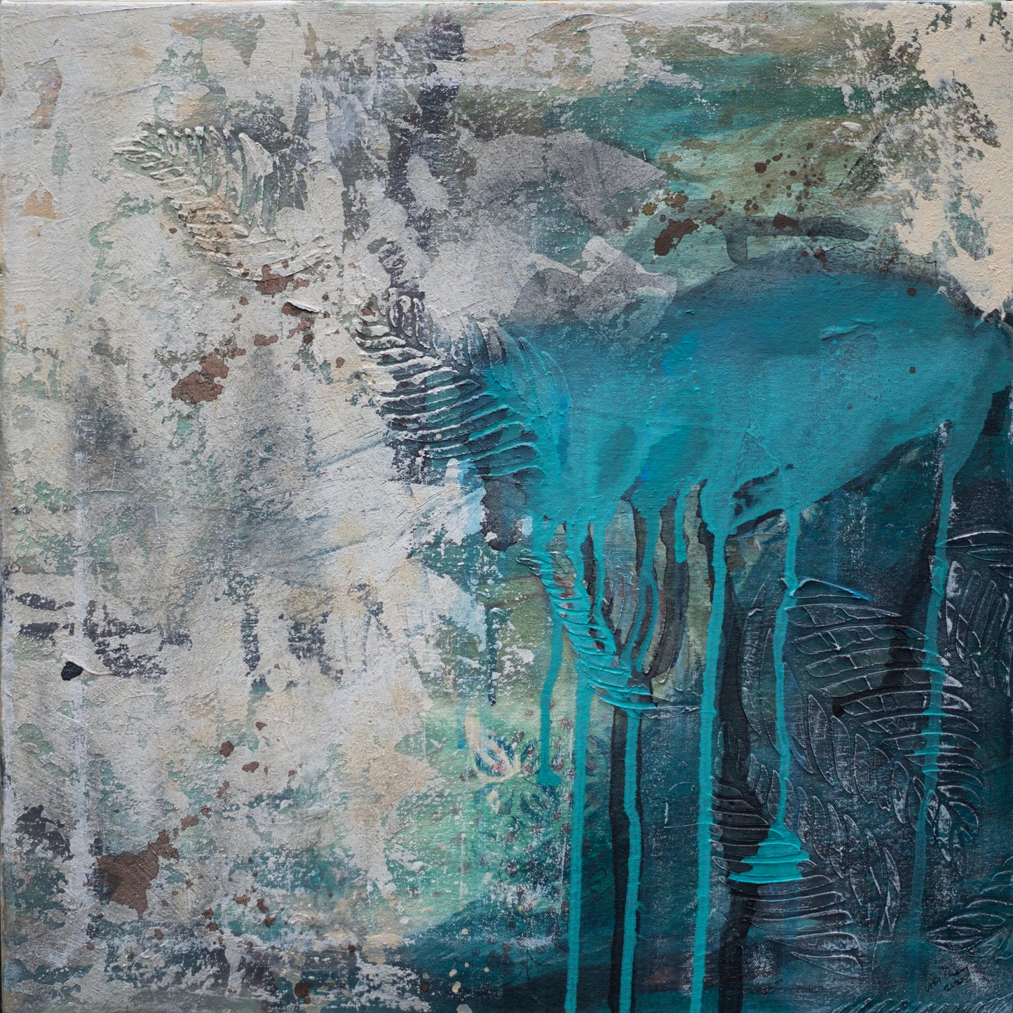 Abstract Painting Abstract Art wall painting tan and blue green with leaves Acrylic Painting, Canvas Wall Art, Blue Autumn art in melbourne