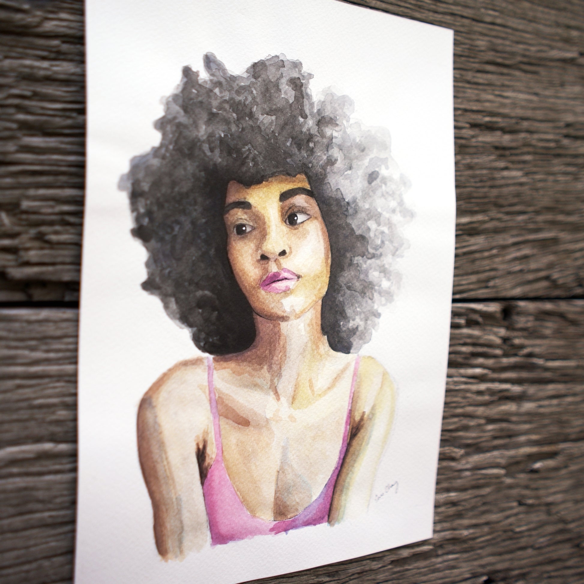 Watercolour Painting of a Woman Daydreaming watercolour portrait art 'Daydreamer' melbourne wall art Pink, Brown & White 8" x 10"