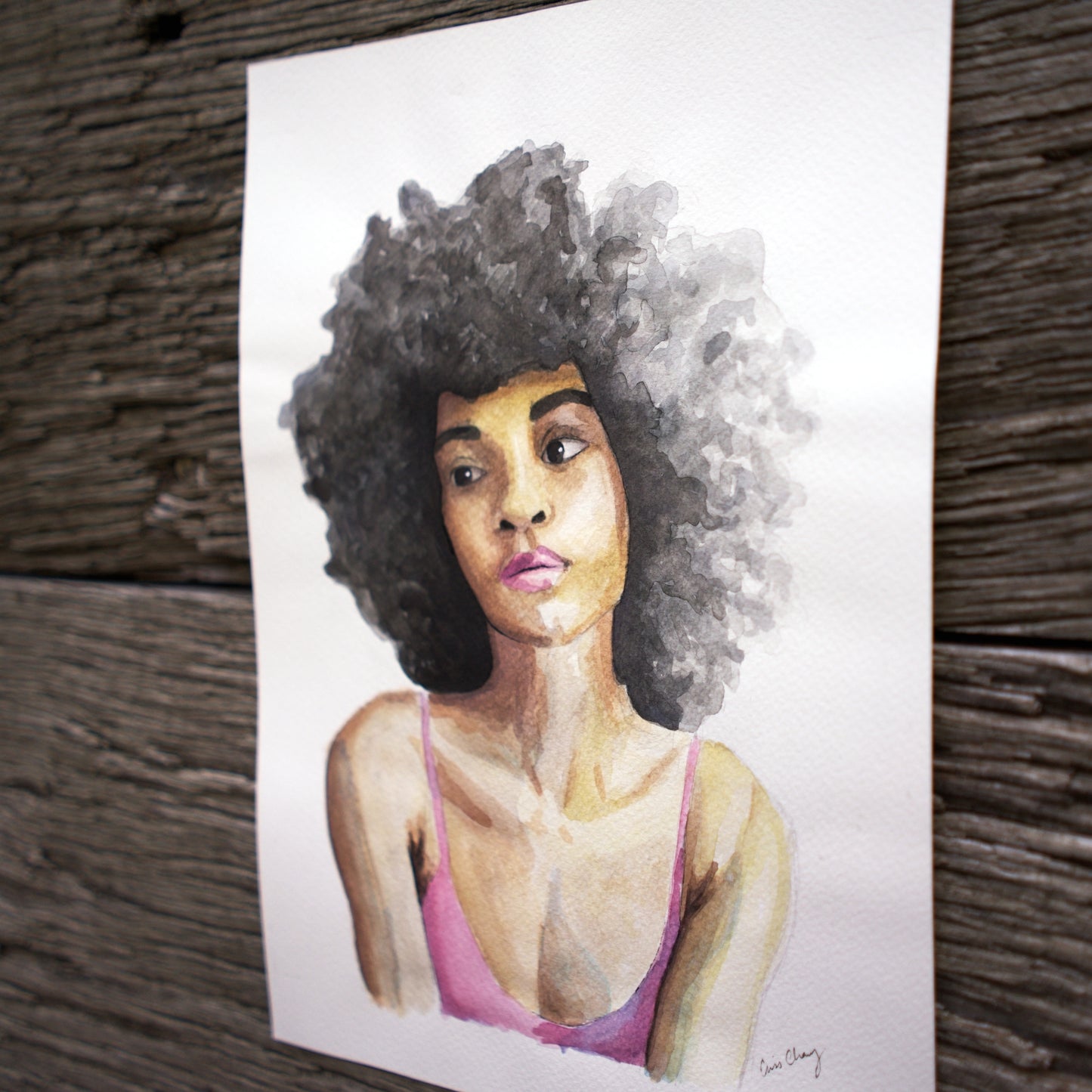 Watercolour Painting of a Woman Daydreaming watercolour portrait art 'Daydreamer' melbourne wall art Pink, Brown & White 8" x 10"