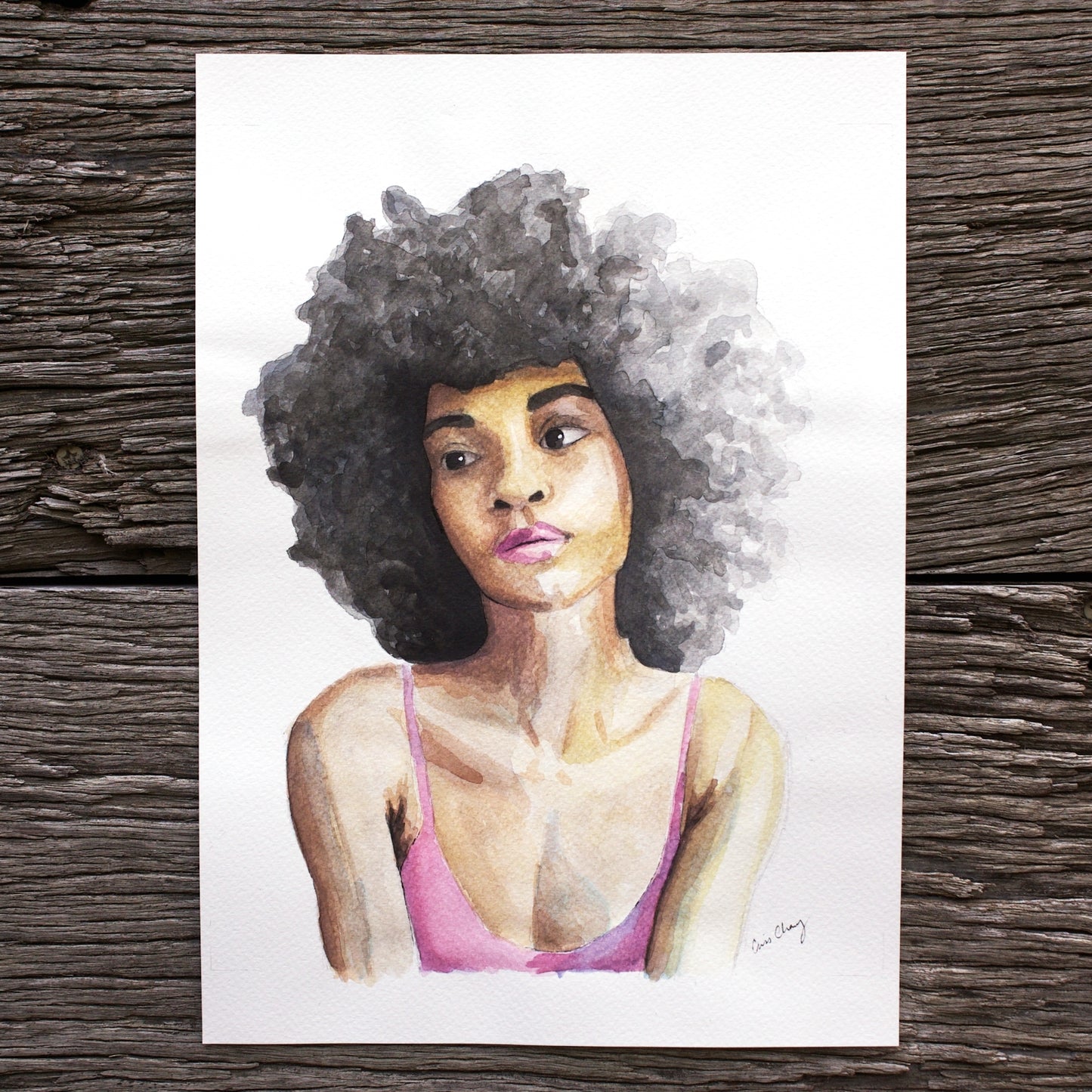 Watercolour Painting of a Woman Daydreaming watercolour portrait art 'Daydreamer' melbourne wall art Pink, Brown & White 8" x 10"
