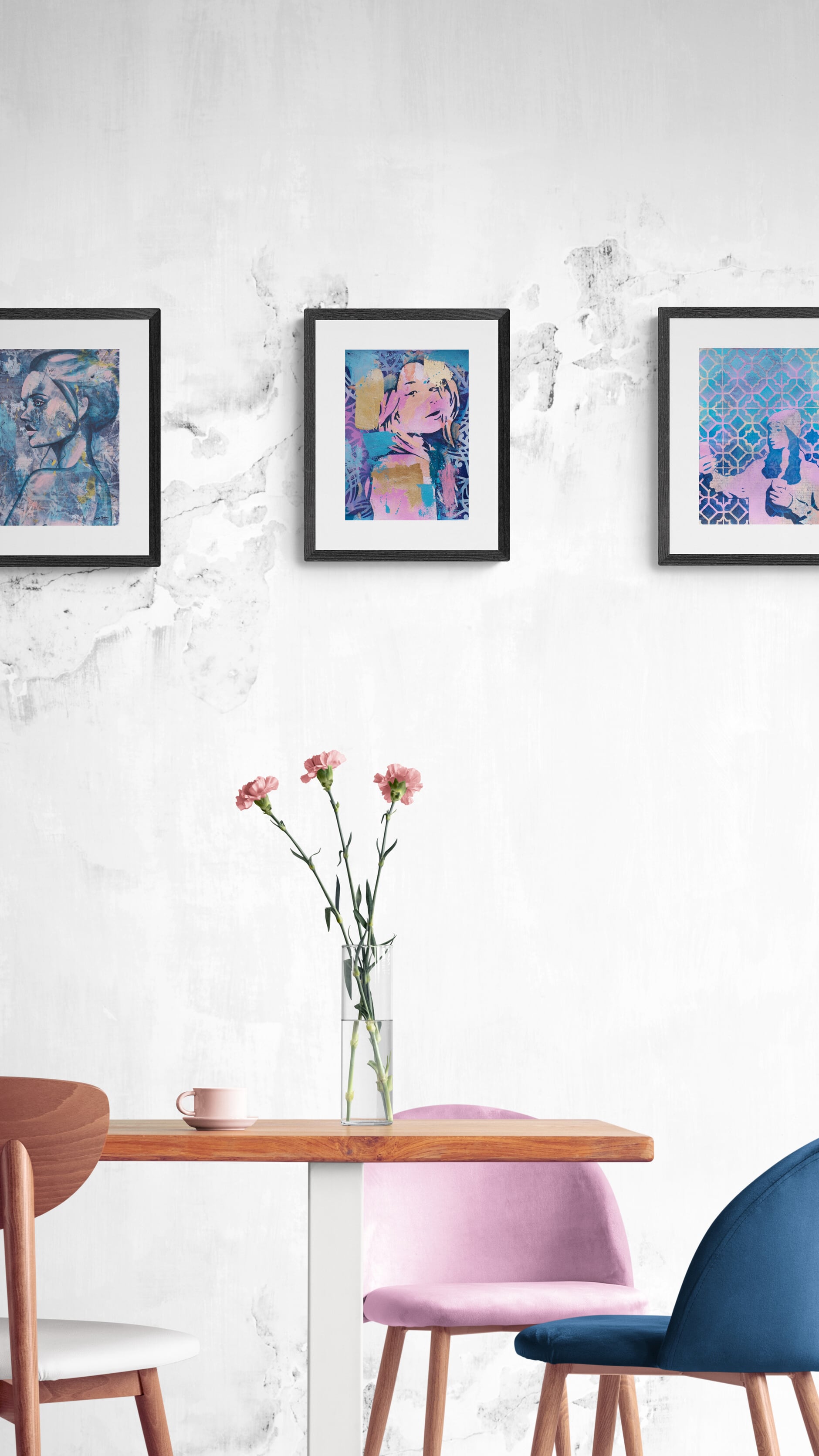 abstract art portait of a Woman on A4 Paper Blue & Pink Street Art  Collage Art melbourne wall art