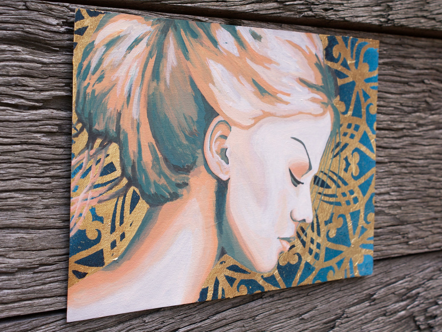 abstract art portait of a Woman on A4 Paper Blue & Gold Stencil Art Street Art paintings melbourne
