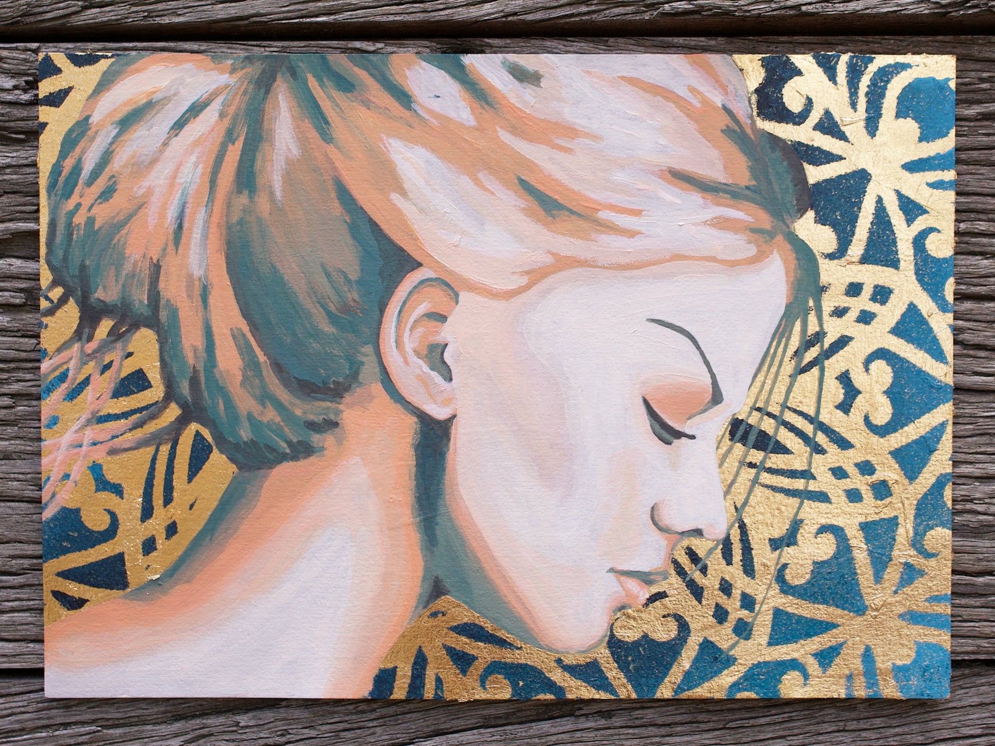 abstract art portait of a Woman on A4 Paper Blue & Gold Stencil Art Street Art paintings melbourne