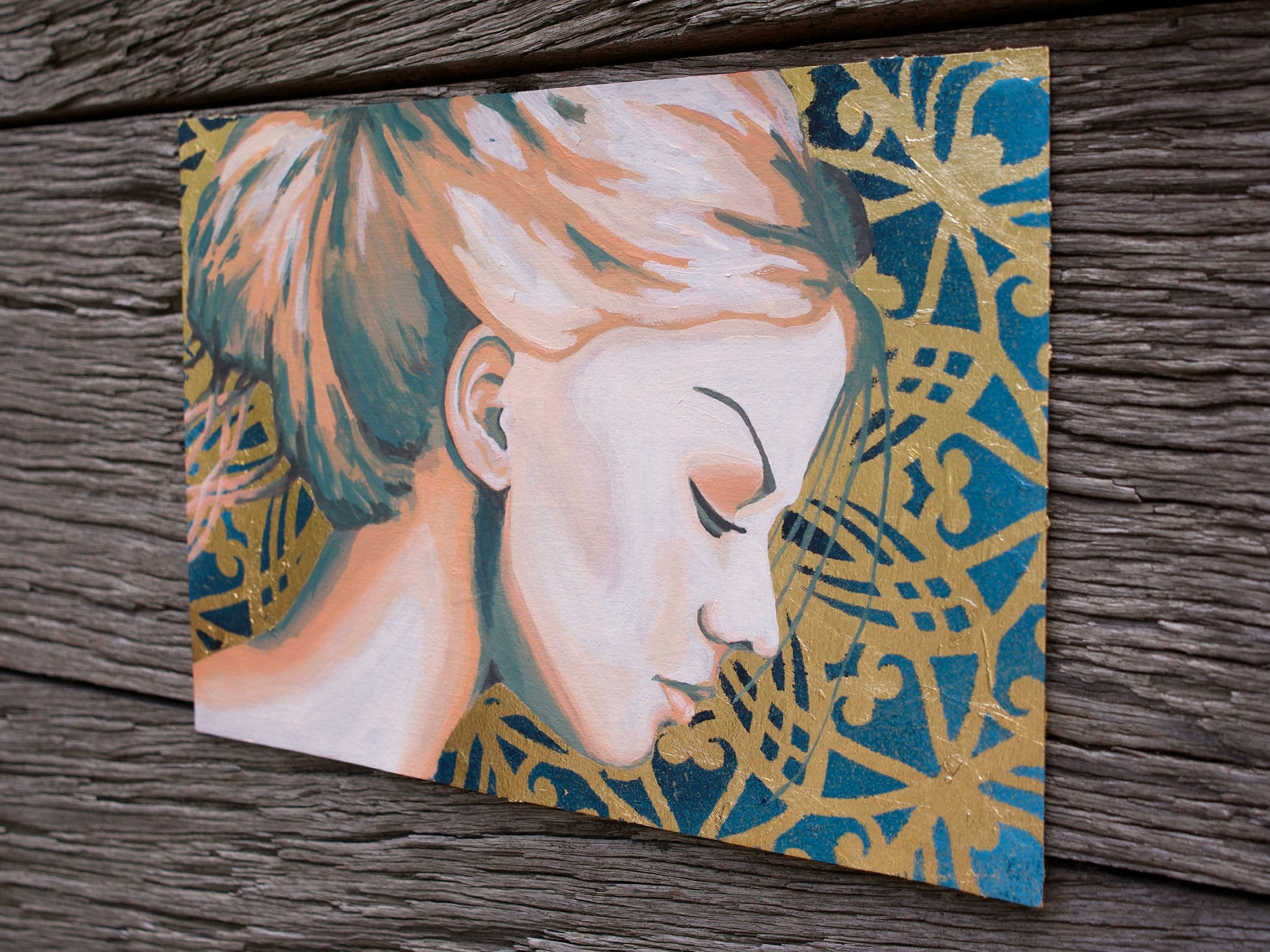abstract art portait of a Woman on A4 Paper Blue & Gold Stencil Art Street Art paintings melbourne