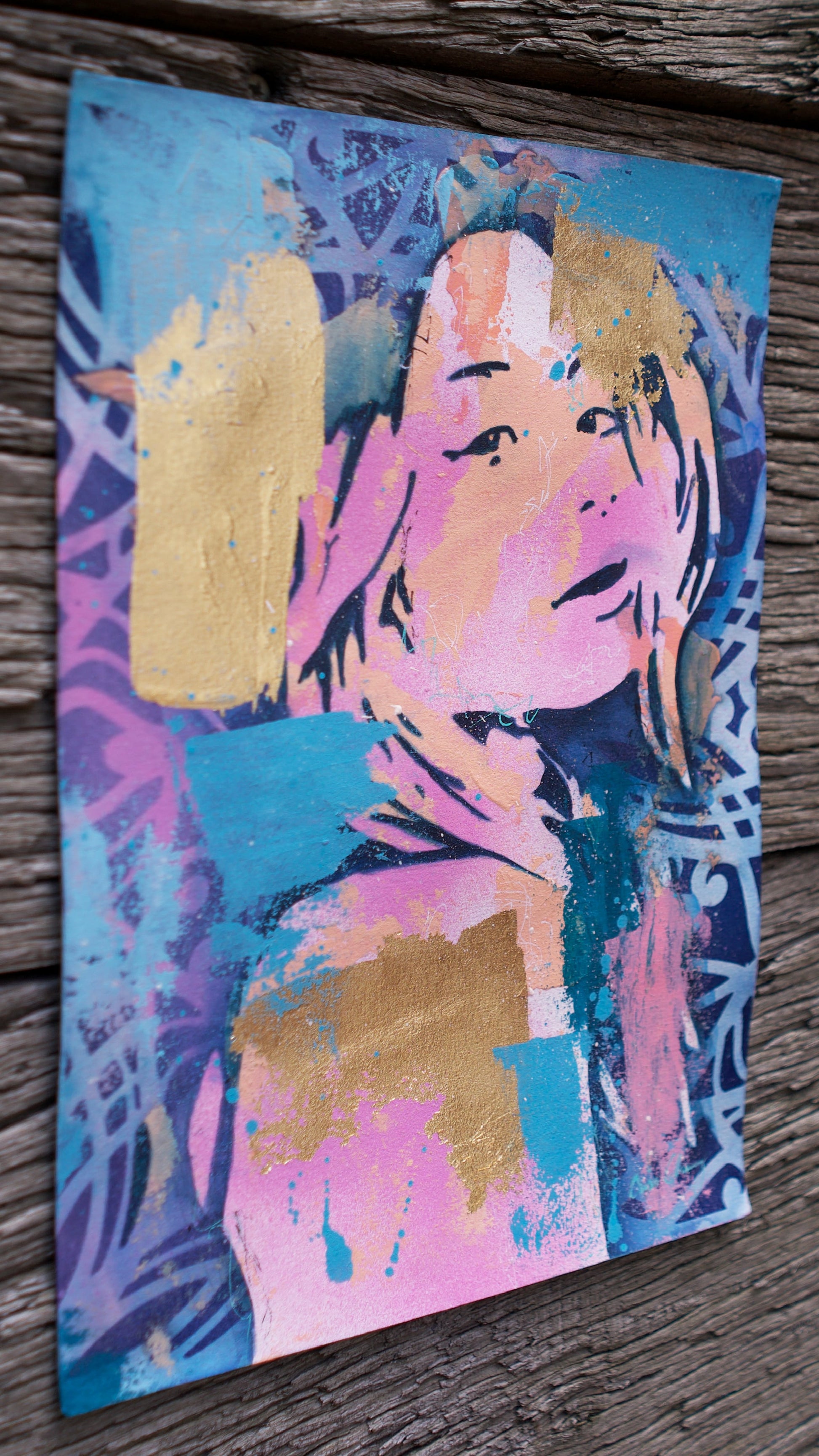 abstract art portait of a Woman on A4 Paper Blue & Gold Street Art Stencil Art melbourne wall art