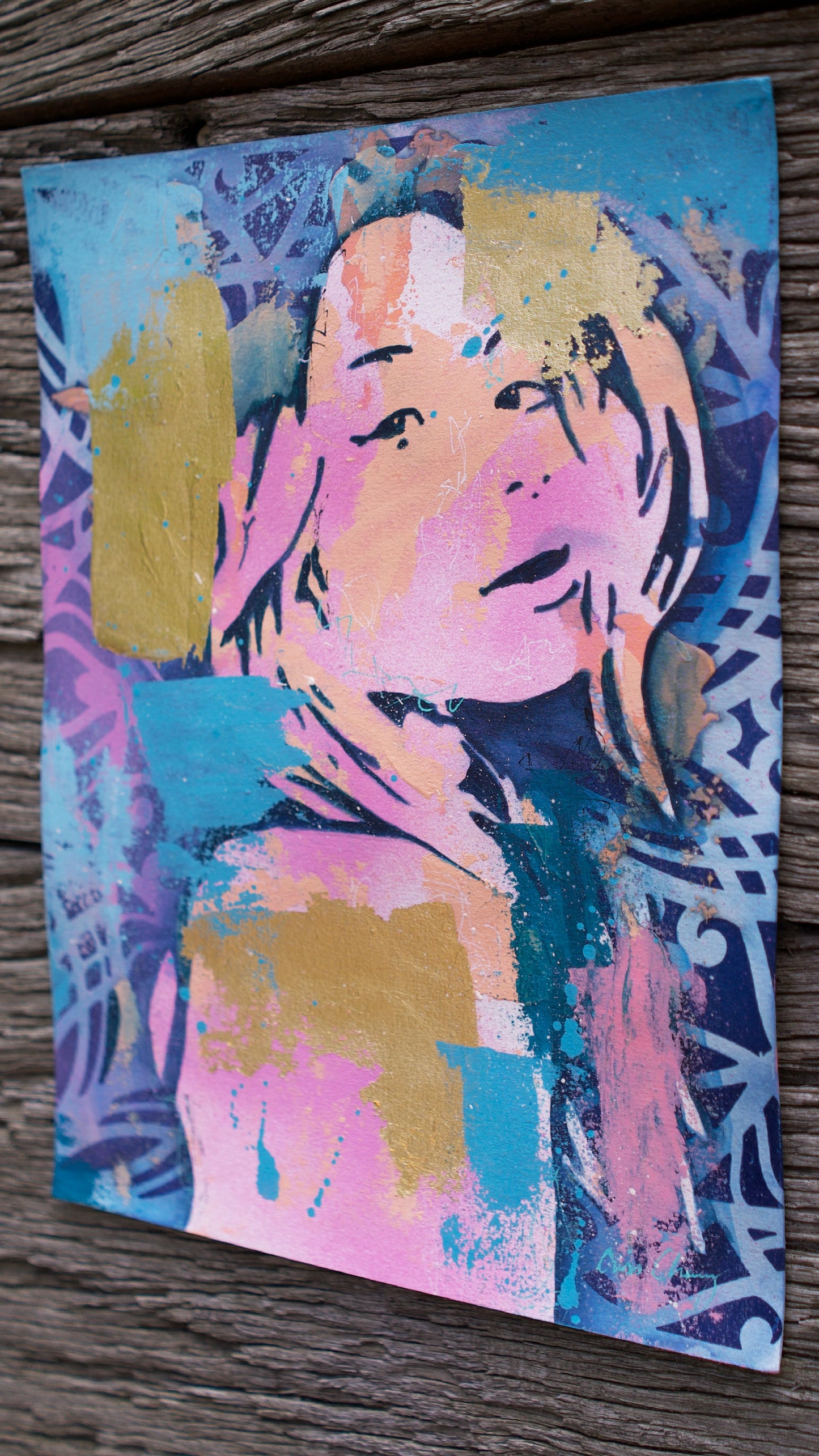 abstract art portait of a Woman on A4 Paper Blue & Gold Street Art Stencil Art melbourne wall art