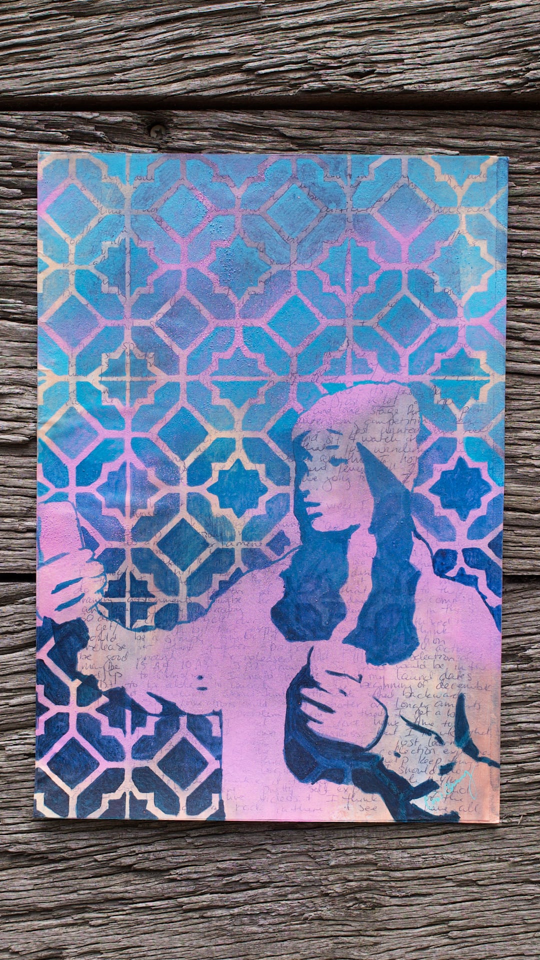 abstract art portait of a Woman on A4 Paper Pink & Blue Stencil Art Street Art Style melbourne wall art