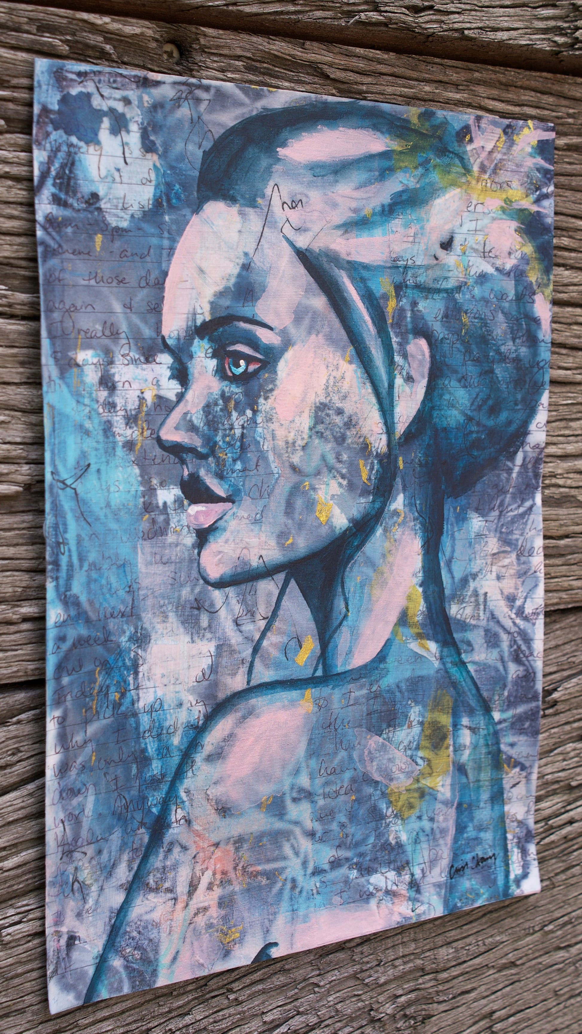 abstract art portait of a Woman on A4 Paper Blue & Pink Street Art  Collage Art melbourne wall art