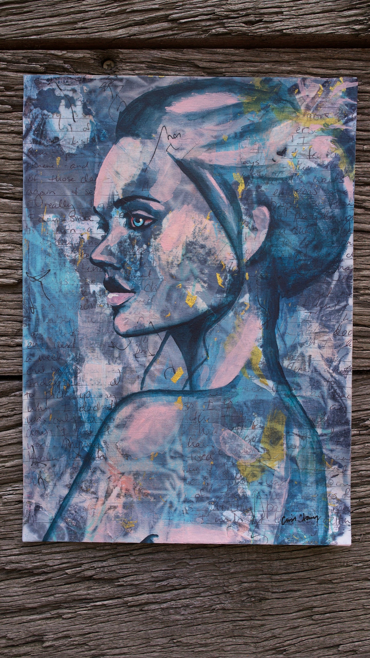 abstract art portait of a Woman on A4 Paper Blue & Pink Street Art Collage Art melbourne wall art