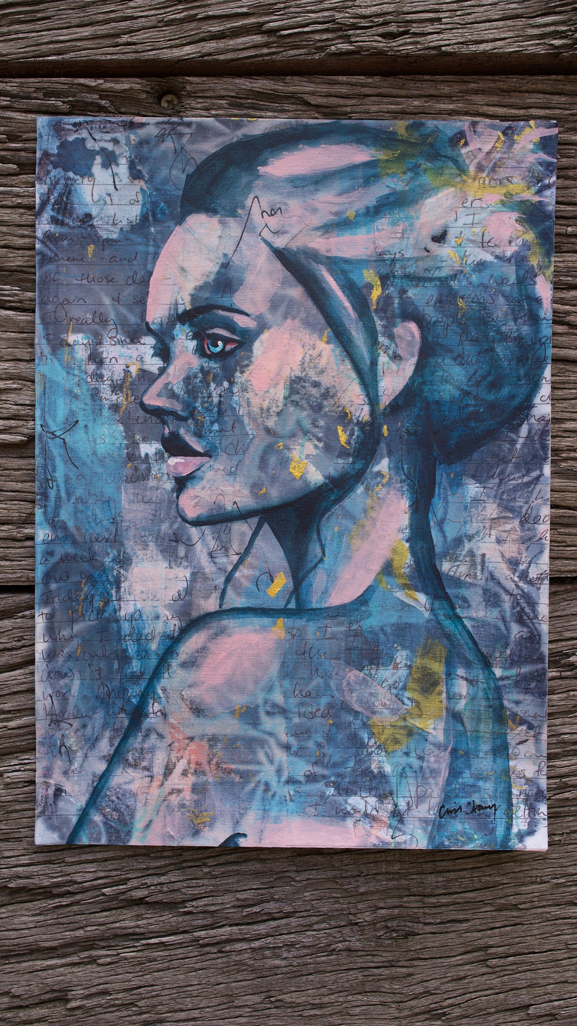 abstract art portait of a Woman on A4 Paper Blue & Pink Street Art  Collage Art melbourne wall art