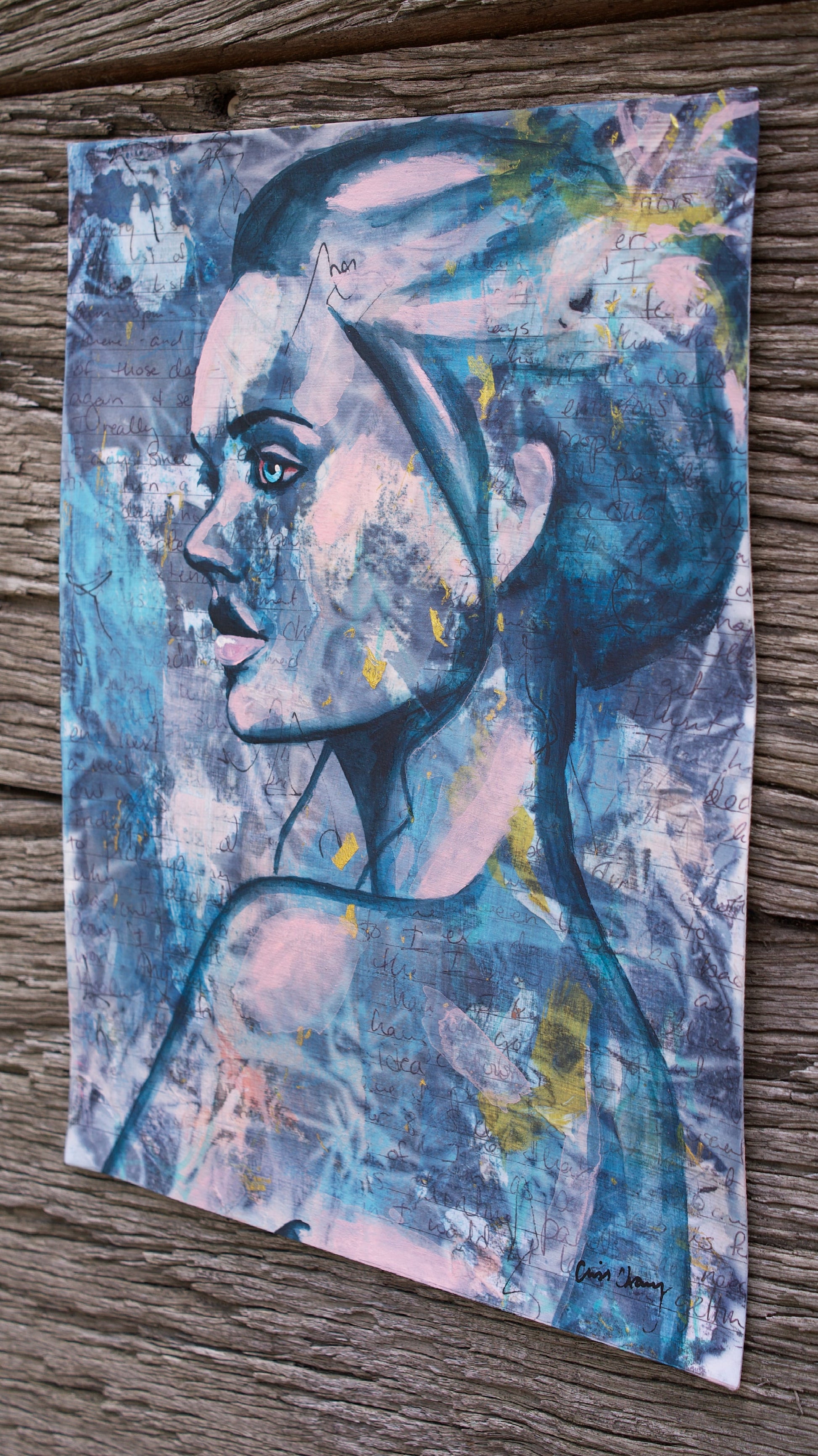 abstract art portait of a Woman on A4 Paper Blue & Pink Street Art  Collage Art melbourne wall art