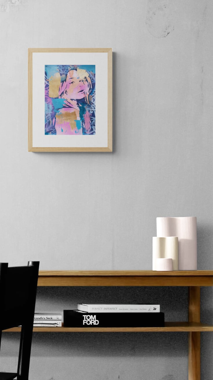 abstract art portait of a Woman on A4 Paper Blue & Gold Street Art Stencil Art melbourne wall art
