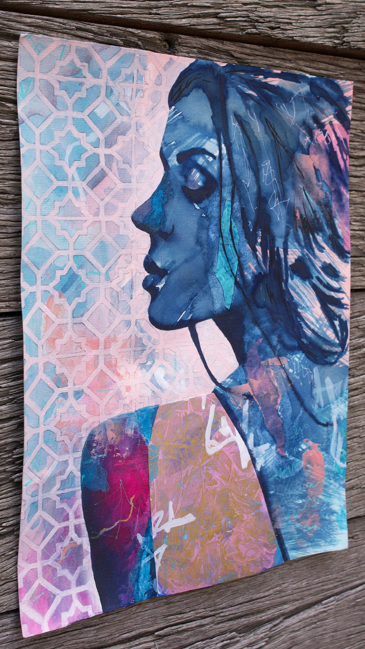 abstract art portait of a Woman on A3 Paper Blue & Pink Stencil Art Street Art paintings melbourne