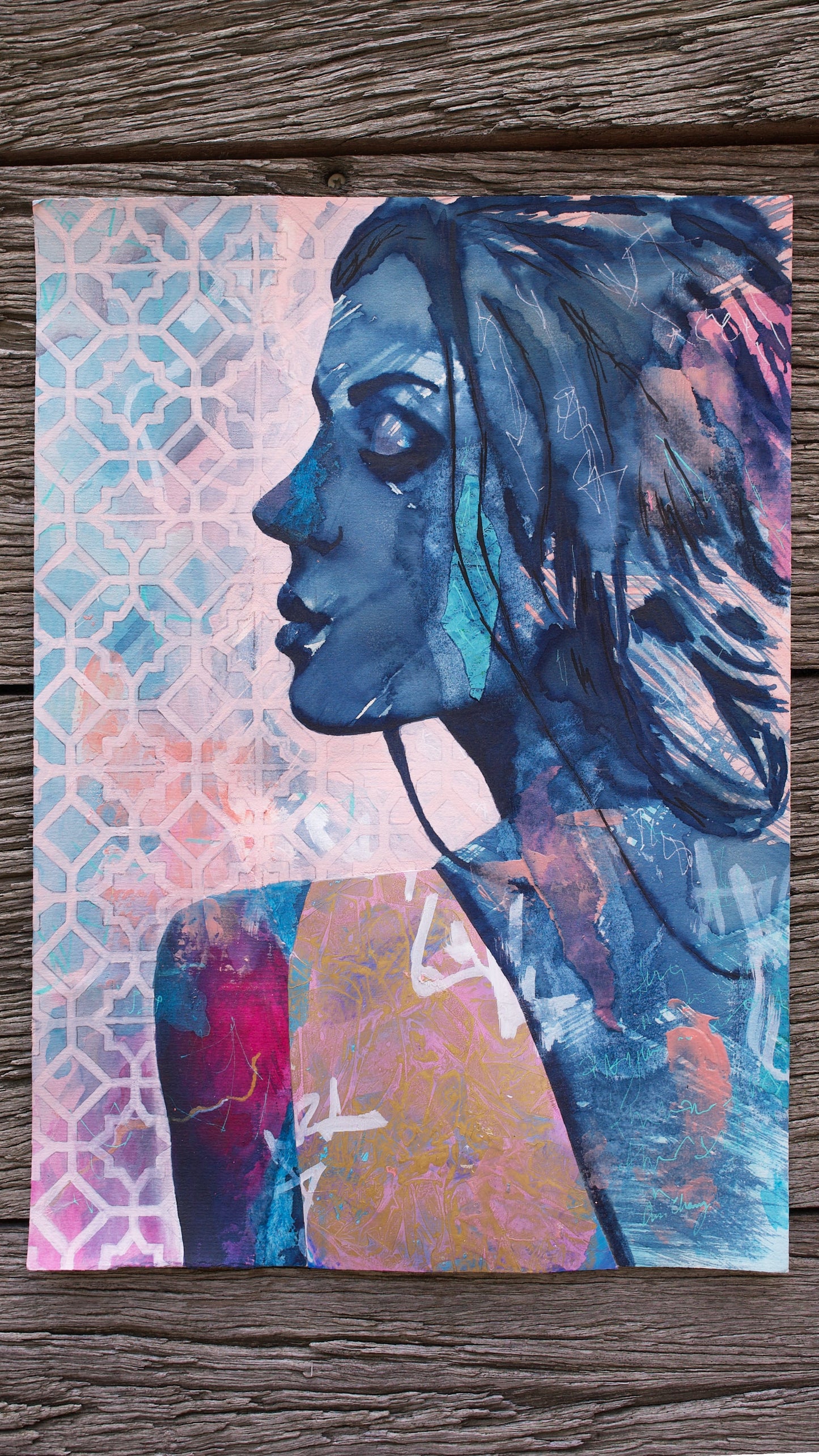 abstract art portait of a Woman on A3 Paper Blue & Pink Stencil Art Street Art paintings melbourne