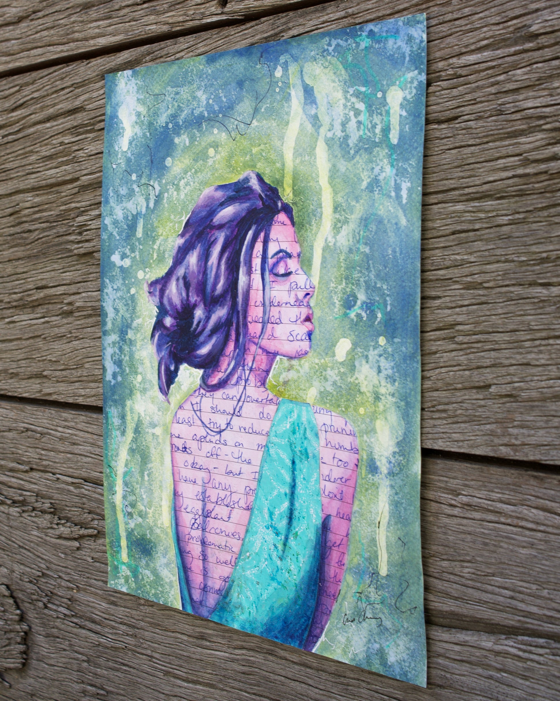Abstract art portrait of a Woman on A4 Paper 'From Thought' Blue, Green, Purple melbourne wall art paintings for sale