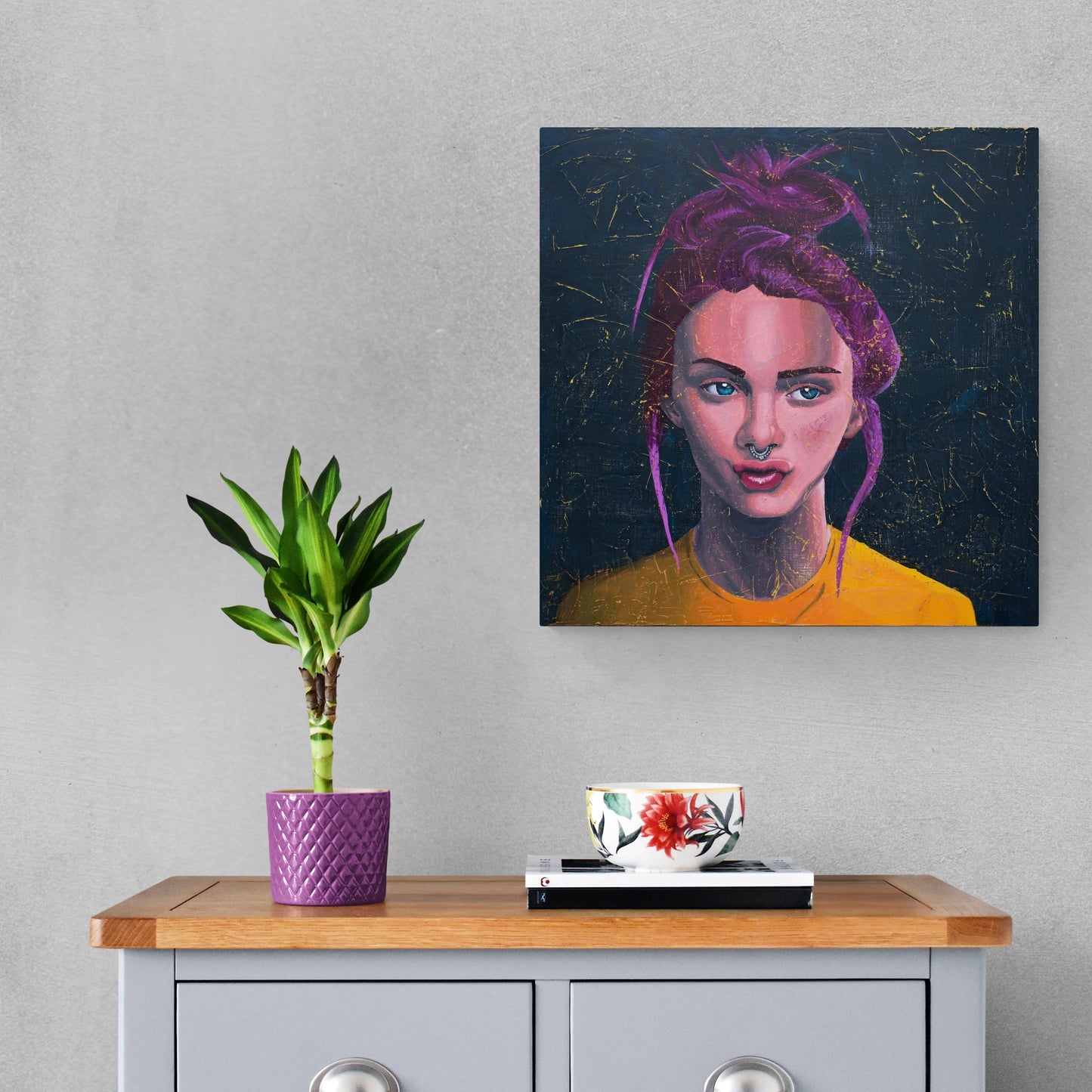 portrait of a Woman with a bull ring, teal, gold, magenta Portrait Art melbourne paintings for sale art online