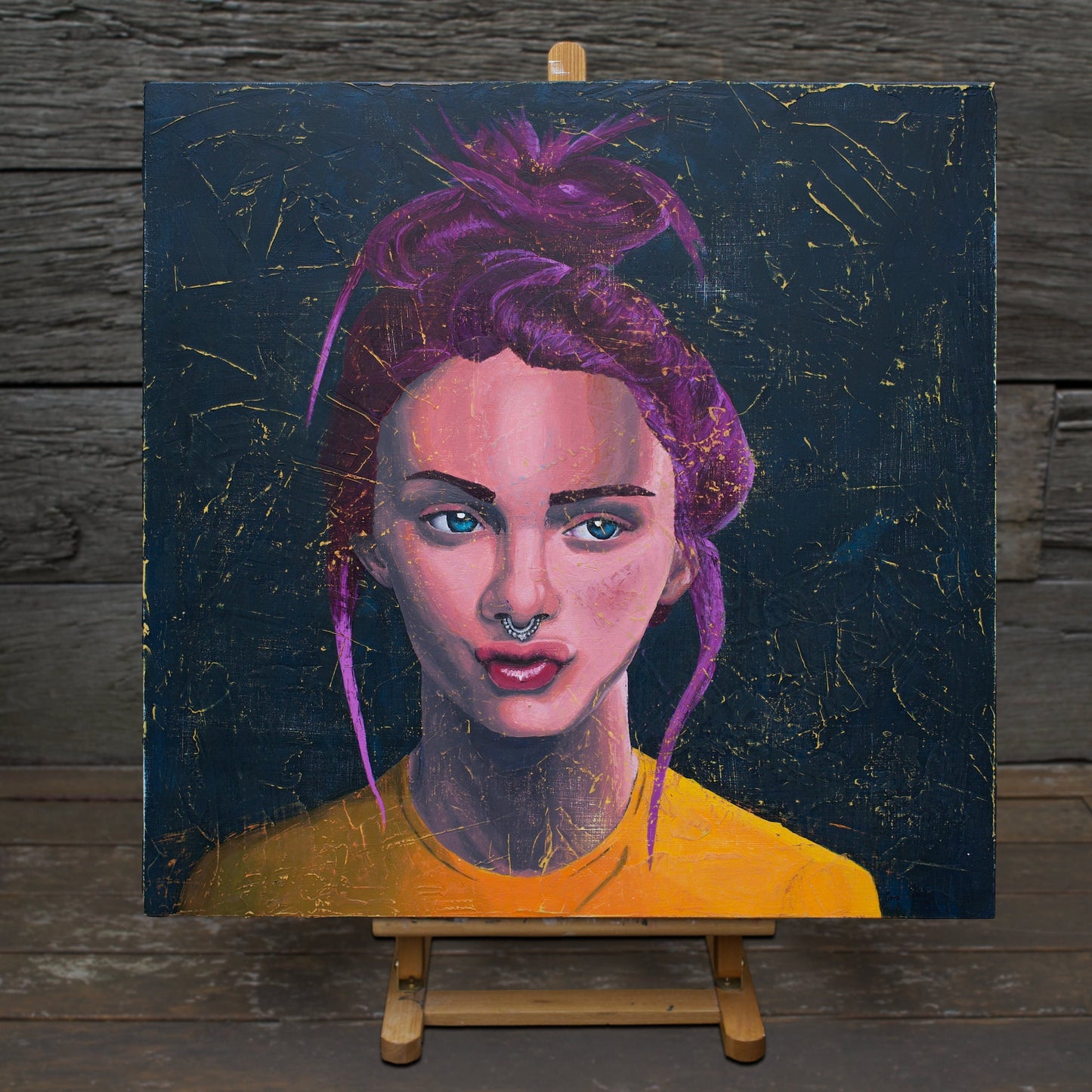portrait of a Woman with a bull ring, teal, gold, magenta Portrait Art melbourne paintings for sale art online