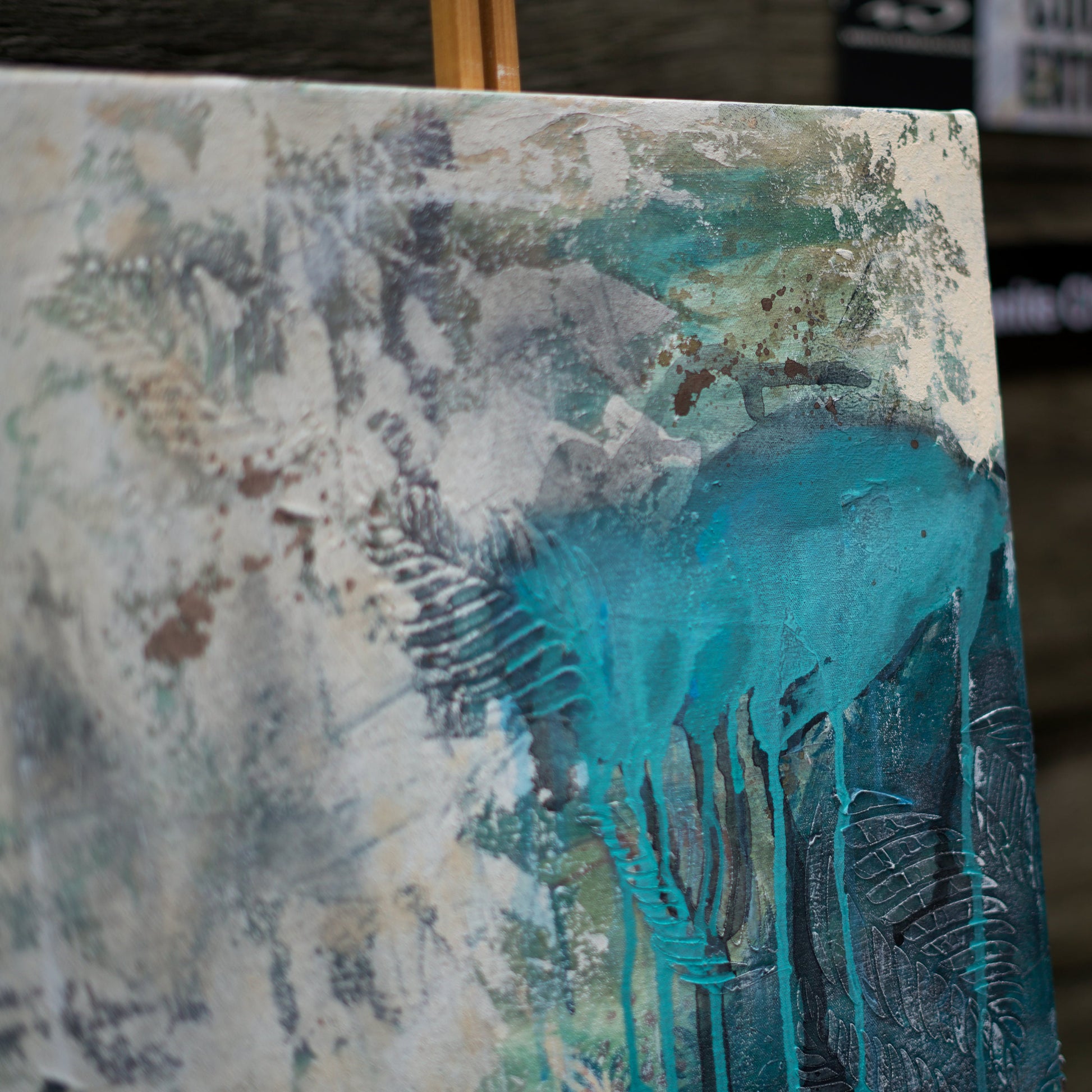 Abstract Painting Abstract Art wall painting tan and blue green with leaves Acrylic Painting, Canvas Wall Art, Blue Autumn art in melbourne