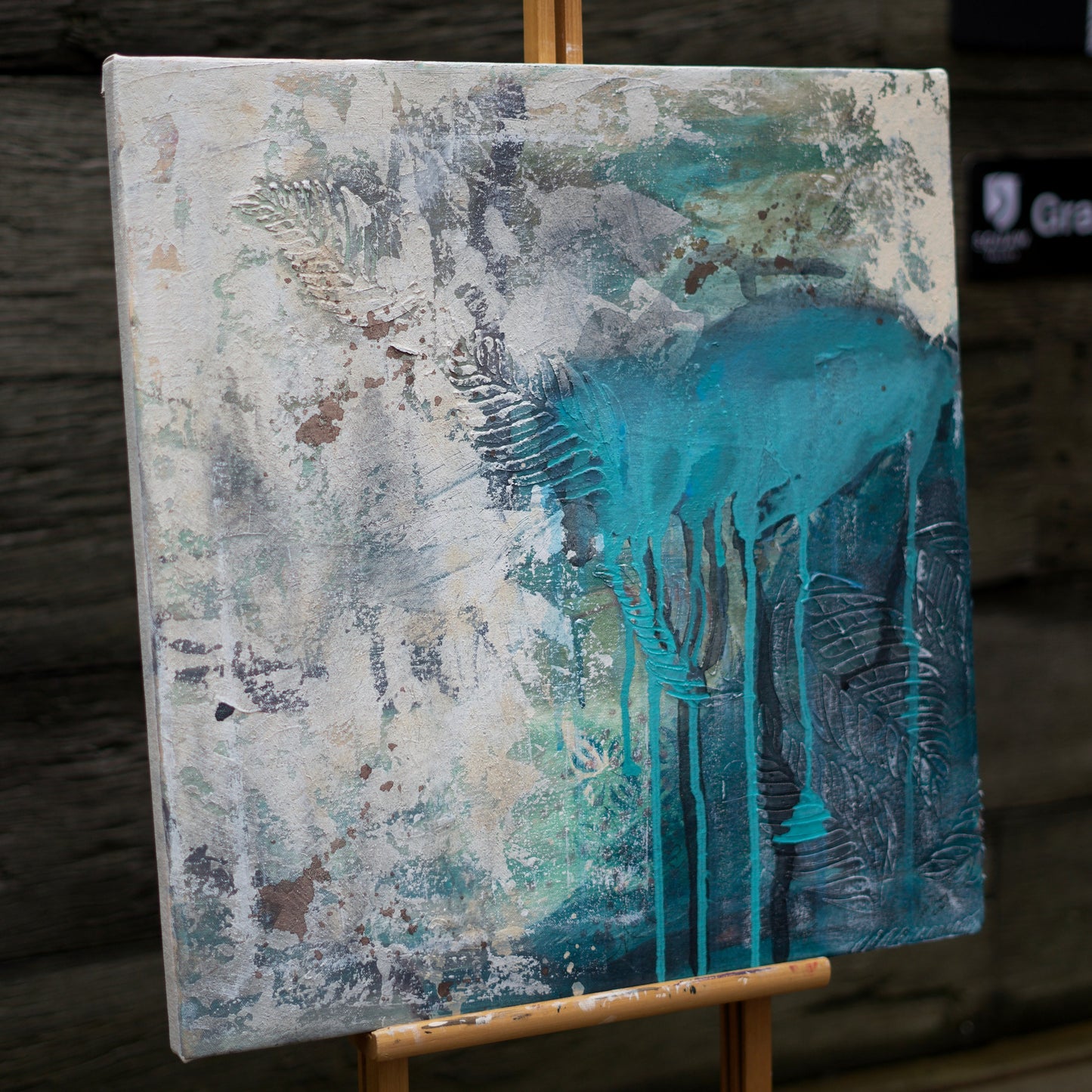 Abstract Painting Abstract Art wall painting tan and blue green with leaves Acrylic Painting, Canvas Wall Art, Blue Autumn art in melbourne