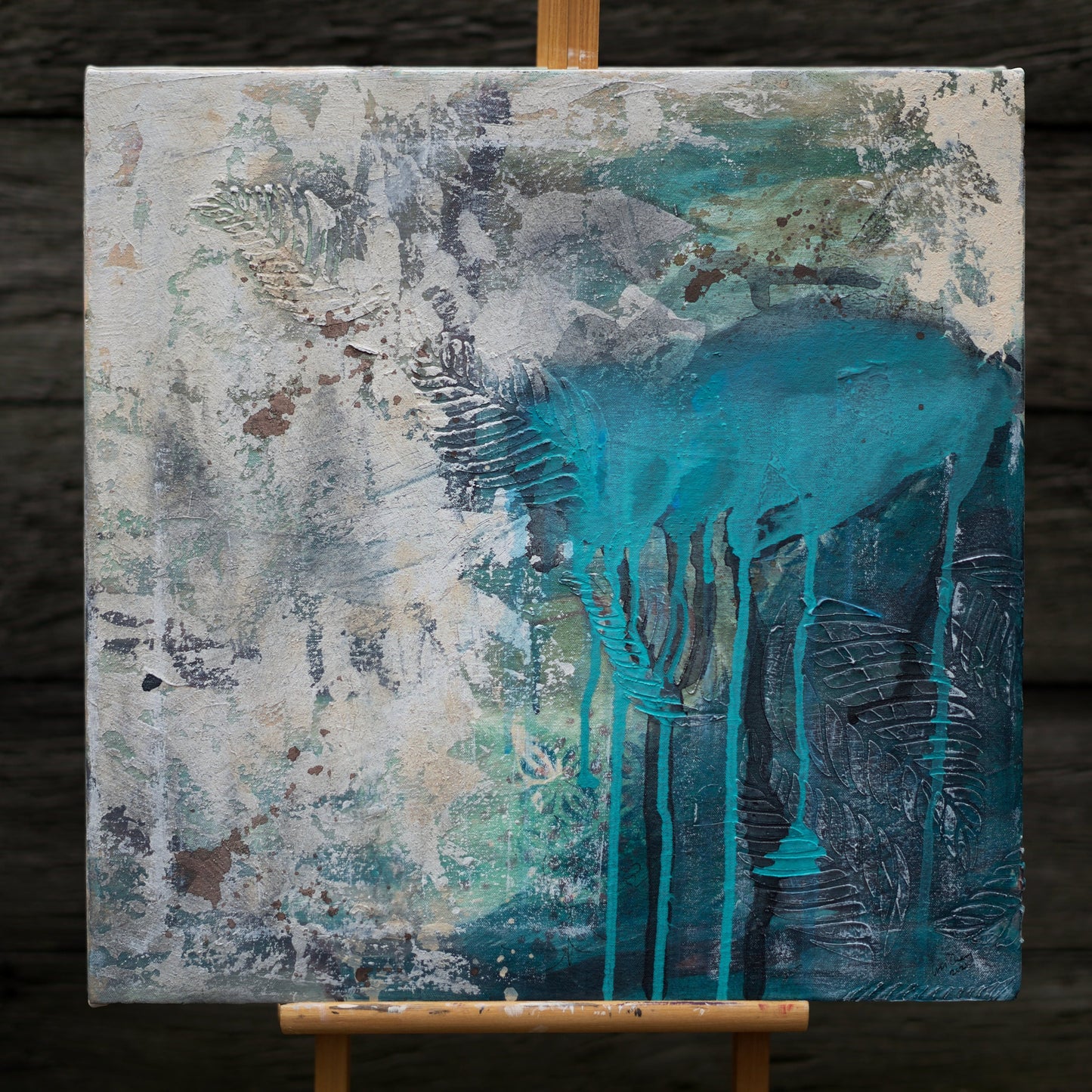 Abstract Painting Abstract Art wall painting tan and blue green with leaves Acrylic Painting, Canvas Wall Art, Blue Autumn art in melbourne