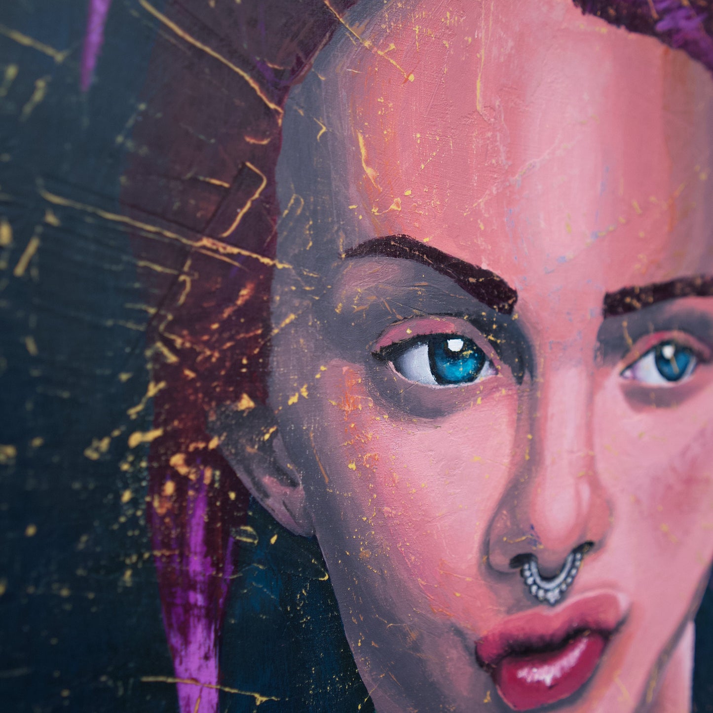 portrait of a Woman with a bull ring, teal, gold, magenta Portrait Art melbourne paintings for sale art online