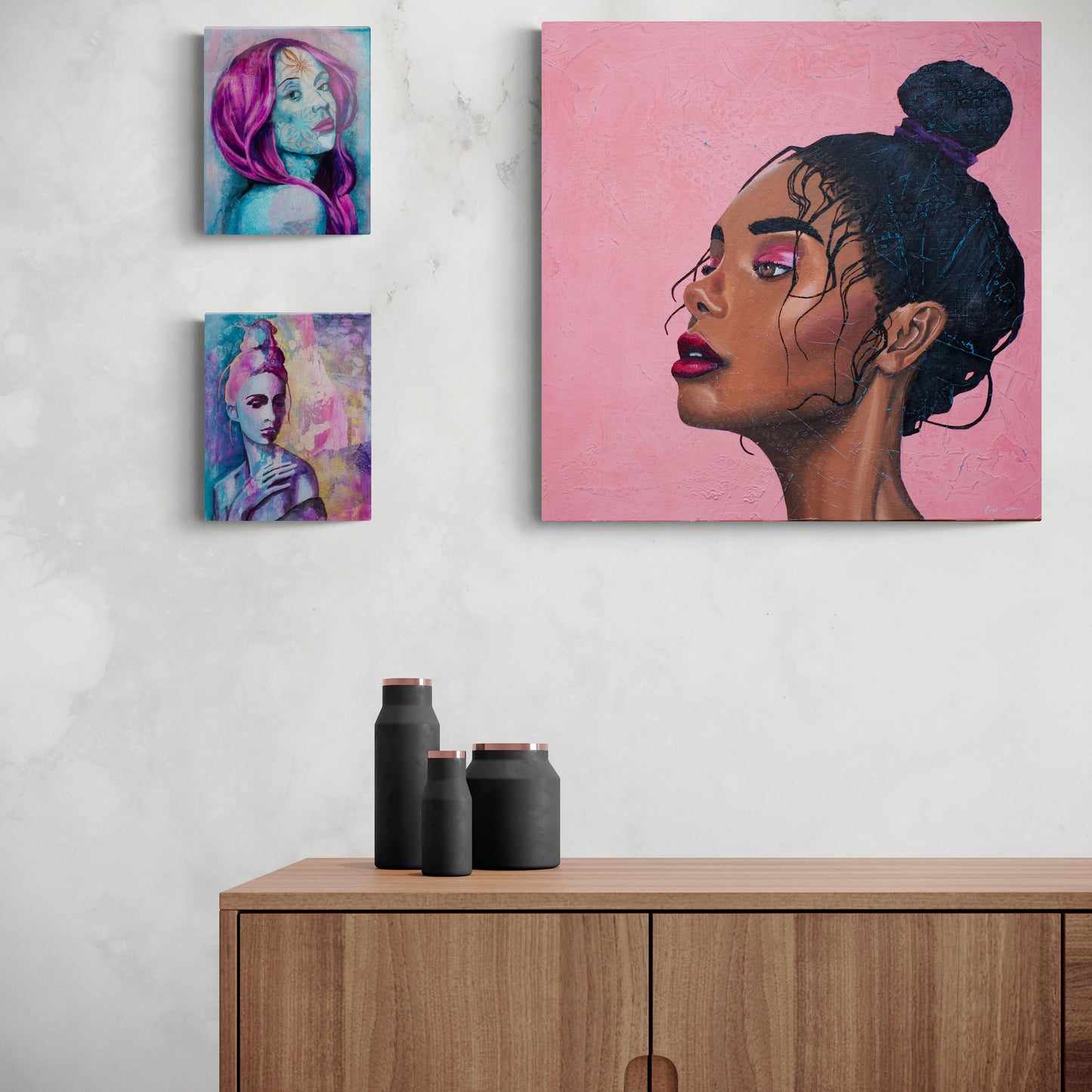 art melbourne paintings for sale portrait painting of Beautiful Black Woman on pink background melbourne wall art