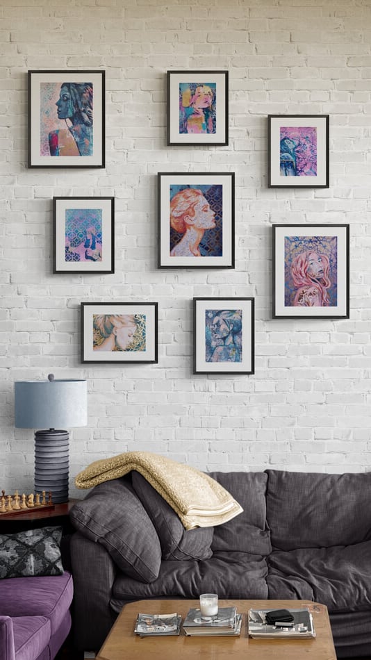abstract art portait of a Woman on A4 Paper Blue & Pink Street Art  Collage Art melbourne wall art
