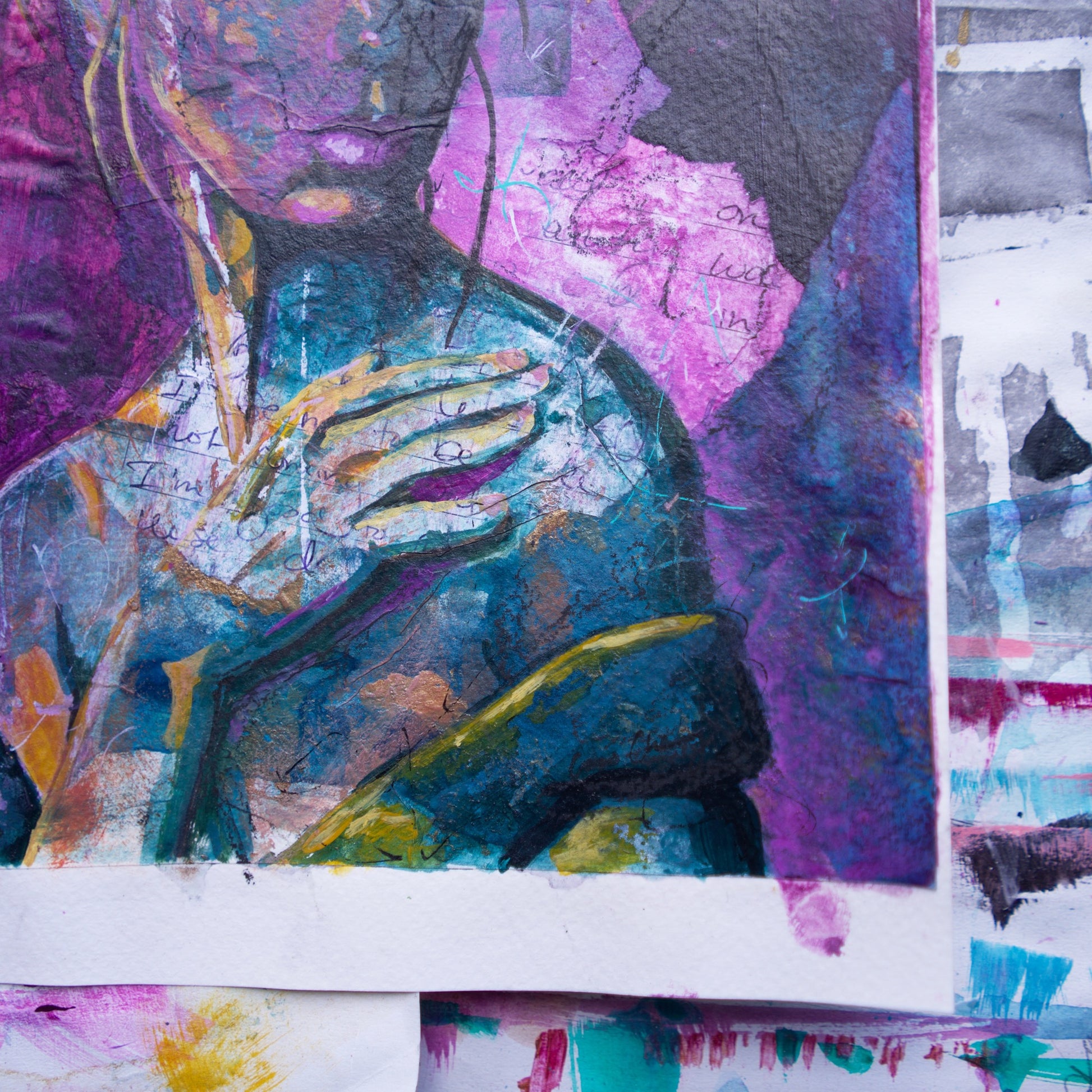 Abstract art portrait of a Woman on A4 Paper  'Into the Void' Pink, Magenta, Blue-Green melbourne wall art paintings for sale