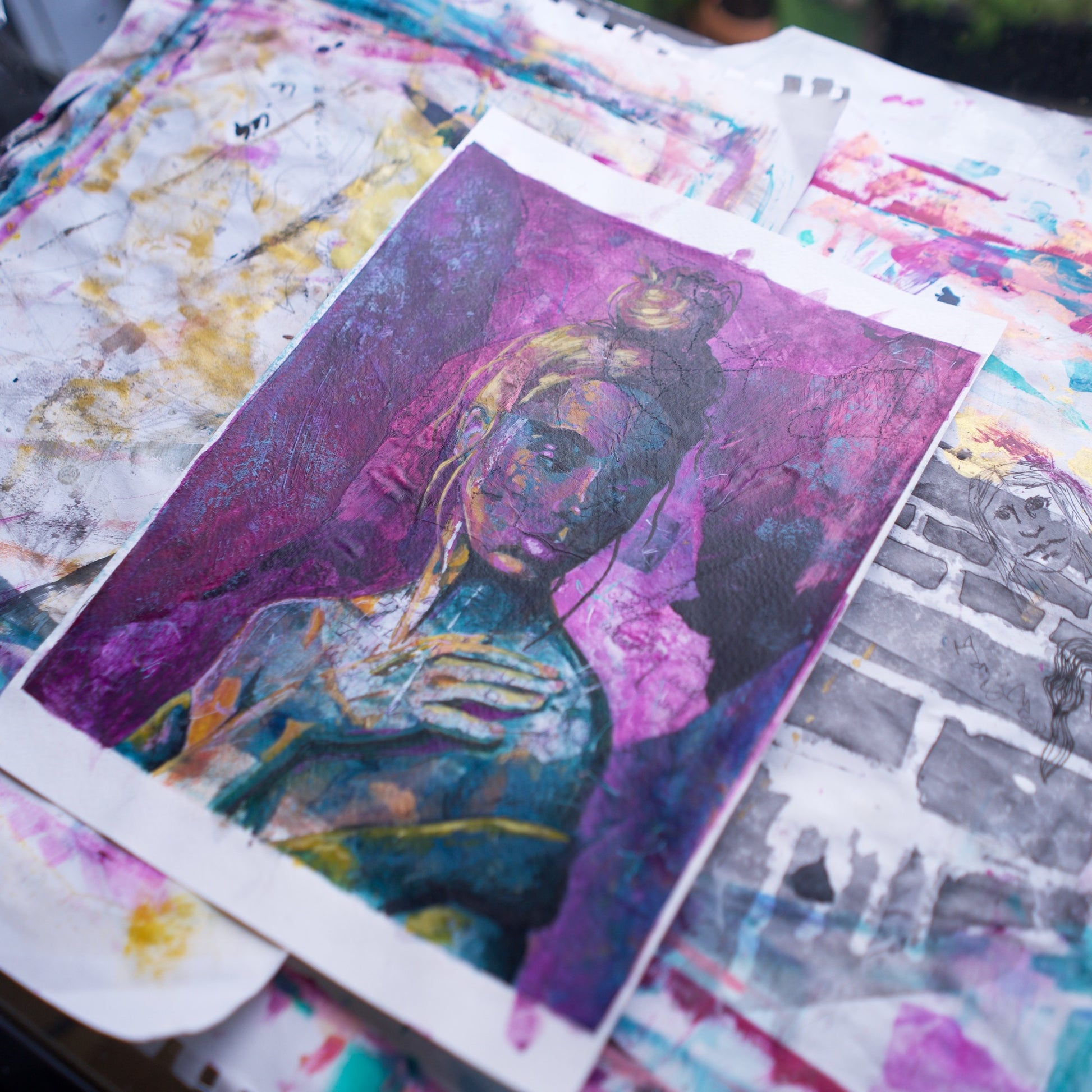 Abstract art portrait of a Woman on A4 Paper  'Into the Void' Pink, Magenta, Blue-Green melbourne wall art paintings for sale