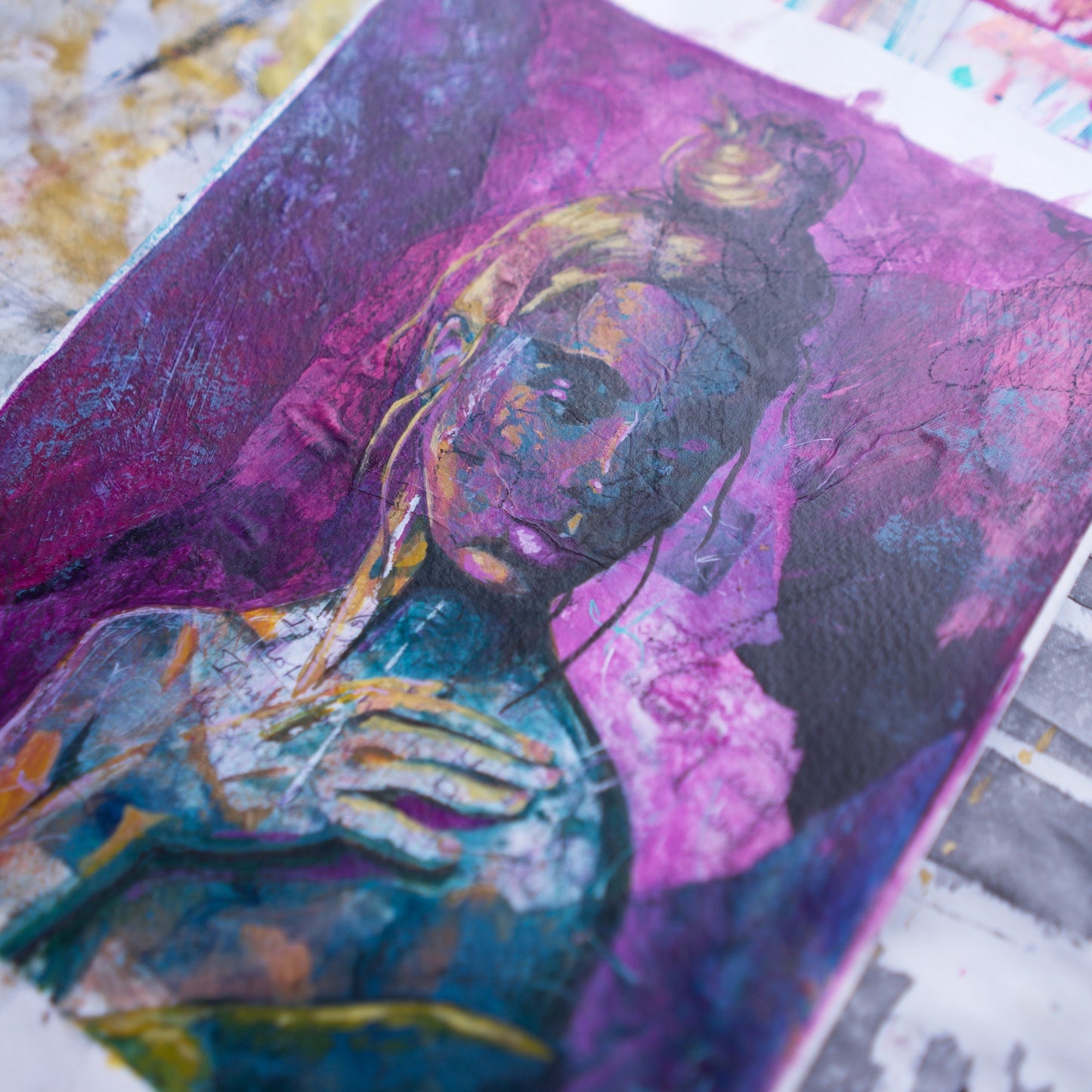 Abstract art portrait of a Woman on A4 Paper  'Into the Void' Pink, Magenta, Blue-Green melbourne wall art paintings for sale