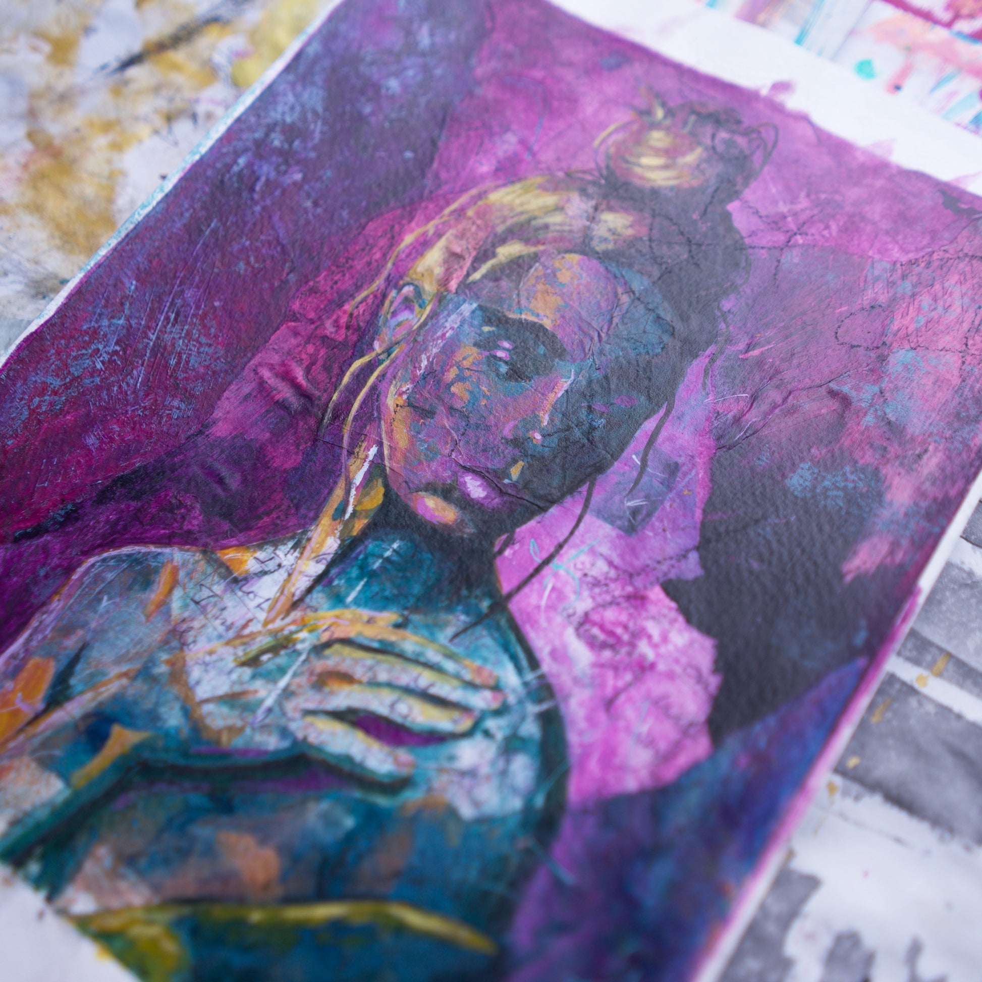 Abstract art portrait of a Woman on A4 Paper  'Into the Void' Pink, Magenta, Blue-Green melbourne wall art paintings for sale
